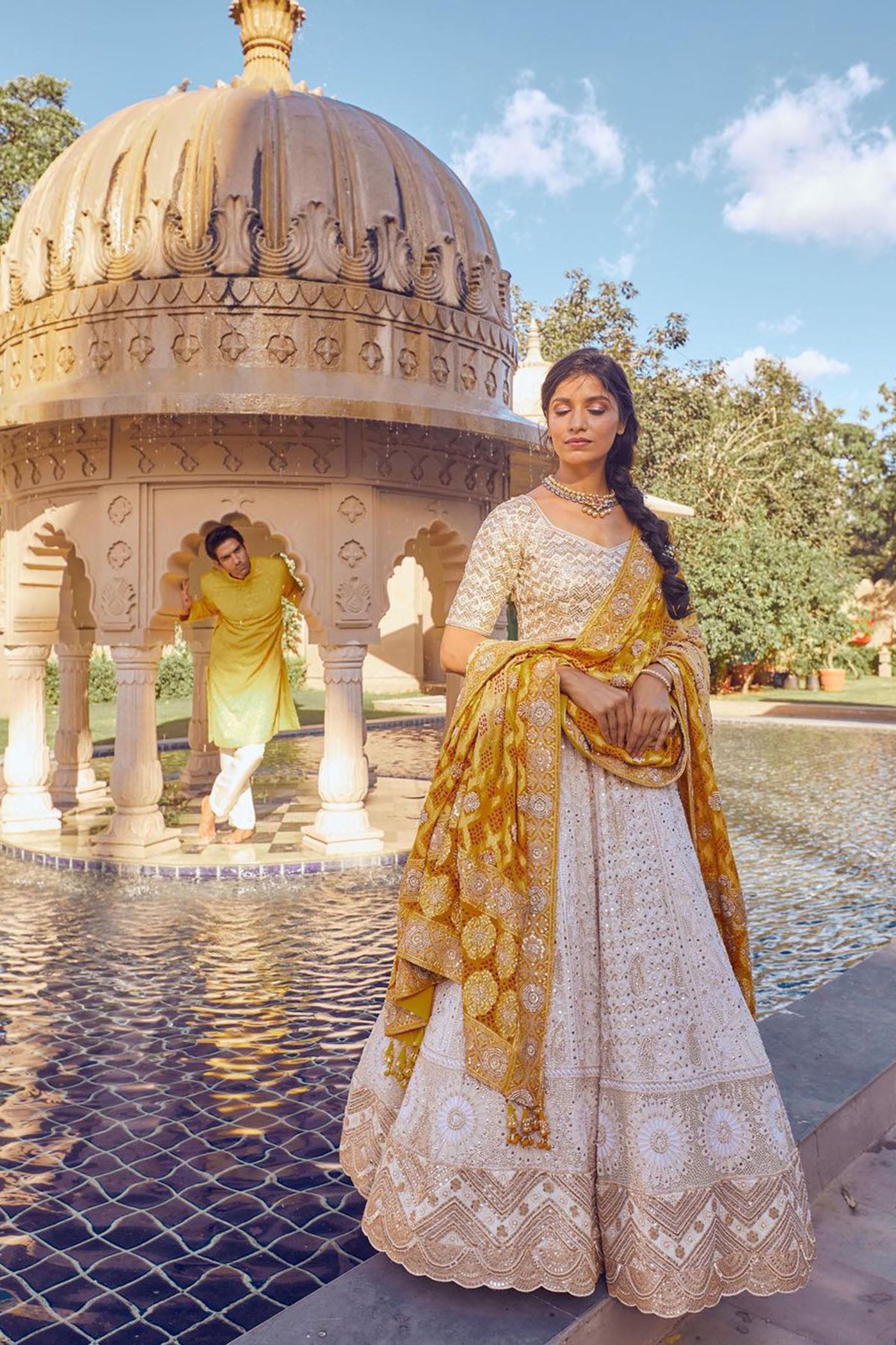 Ivory Embroidered Lehenga With Mustard Bandhani Dupatta