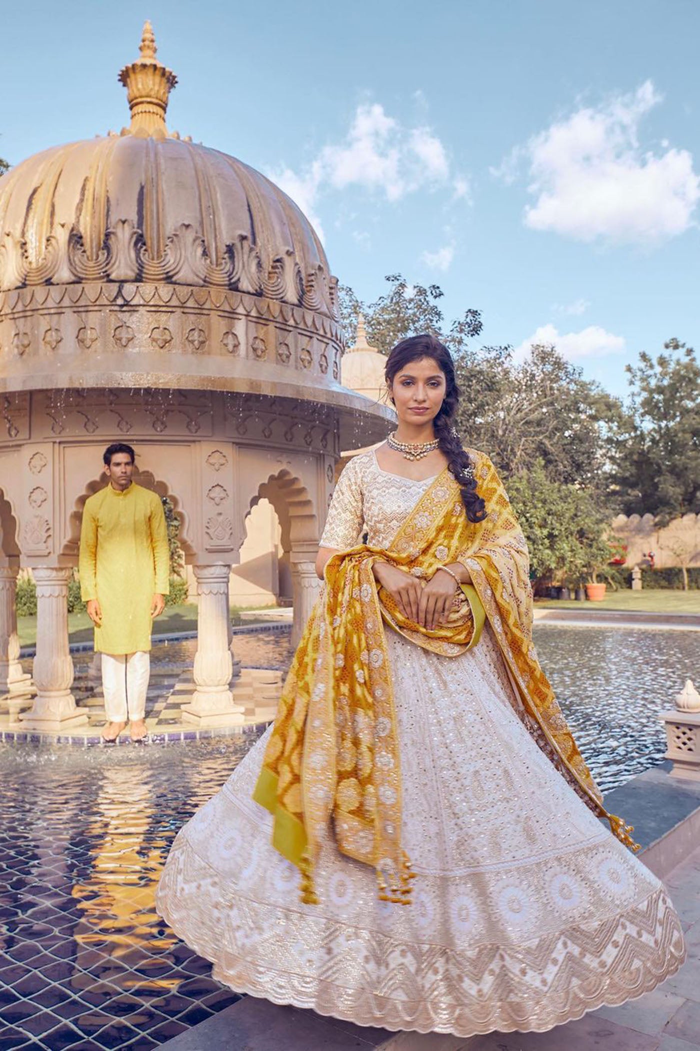 Ivory Embroidered Lehenga With Mustard Bandhani Dupatta