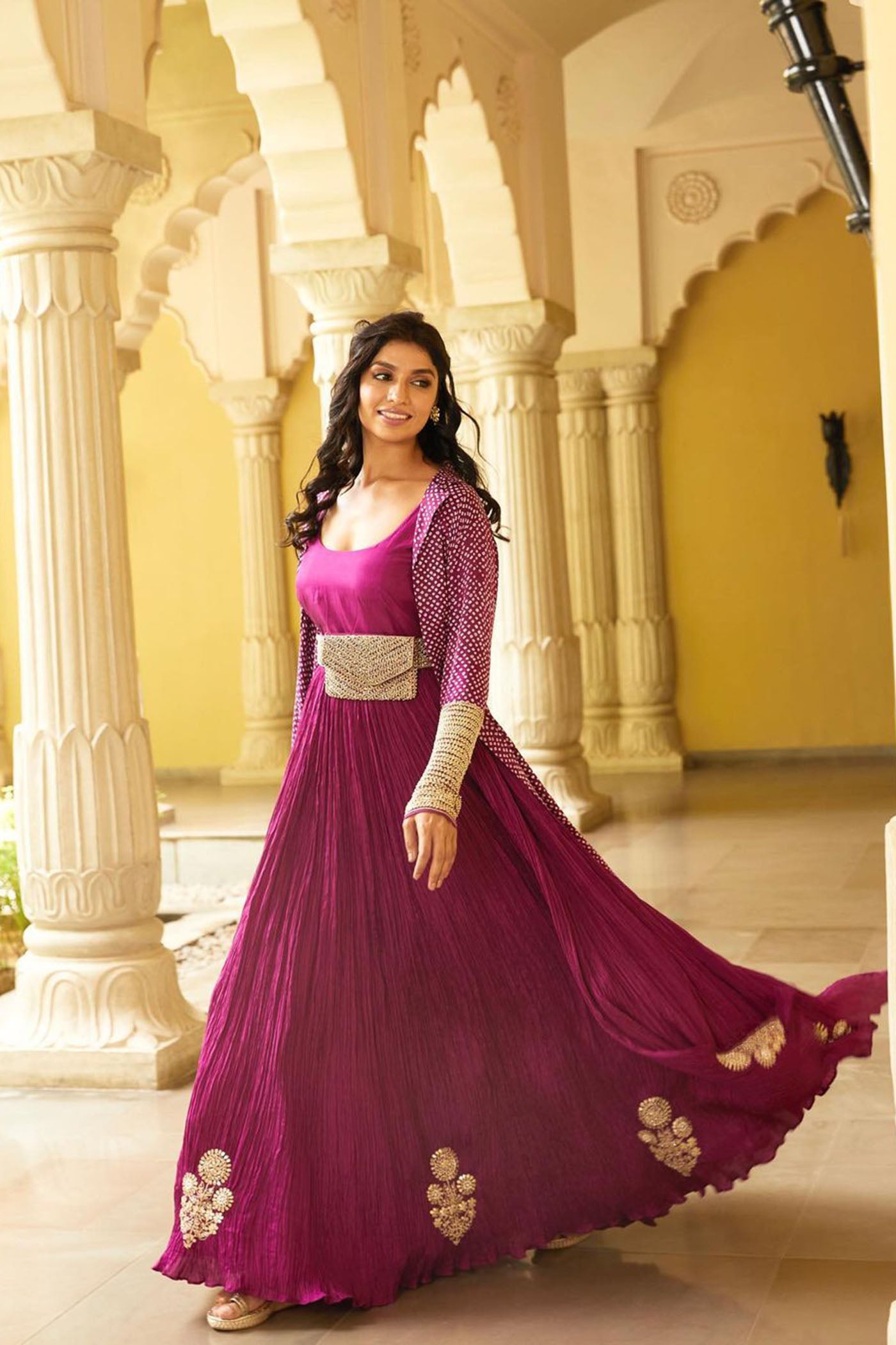 purple Crushed Silk Bandhani Jacket Set