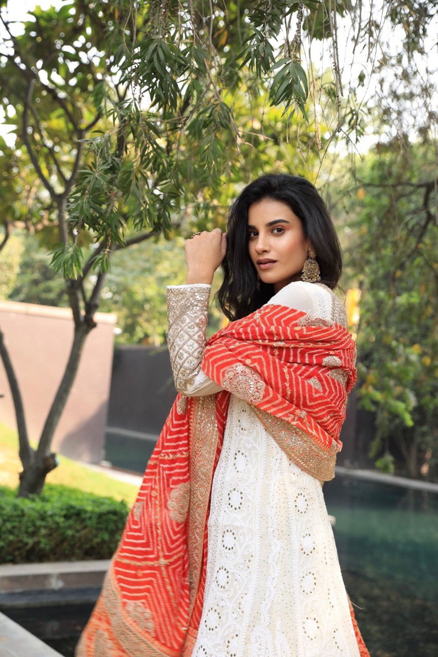 Ivory Embroidered Suit With Orange Bandhani Dupatta