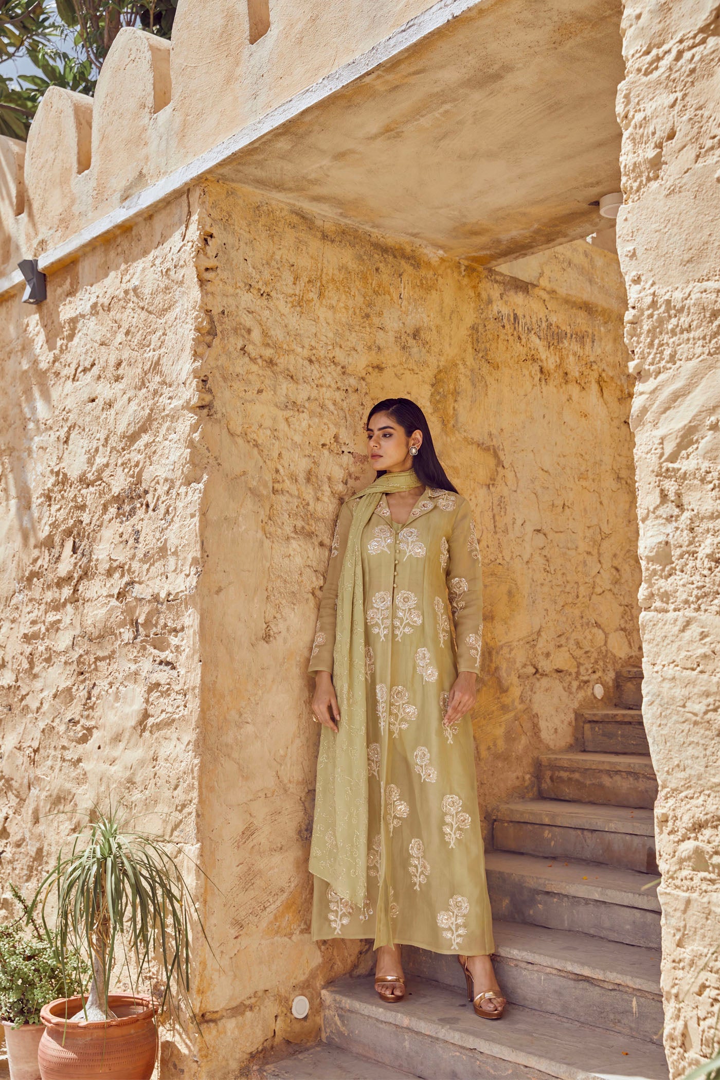 Sage Embroidered Trench Set With Bustier & Dhoti Pants