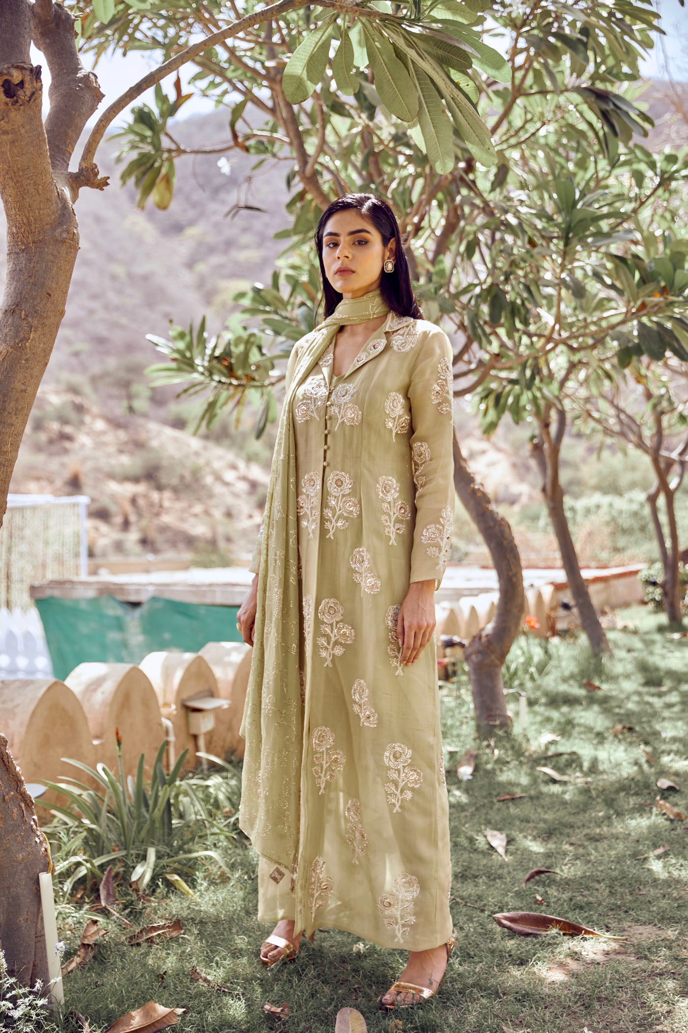 Sage Embroidered Trench Set With Bustier & Dhoti Pants