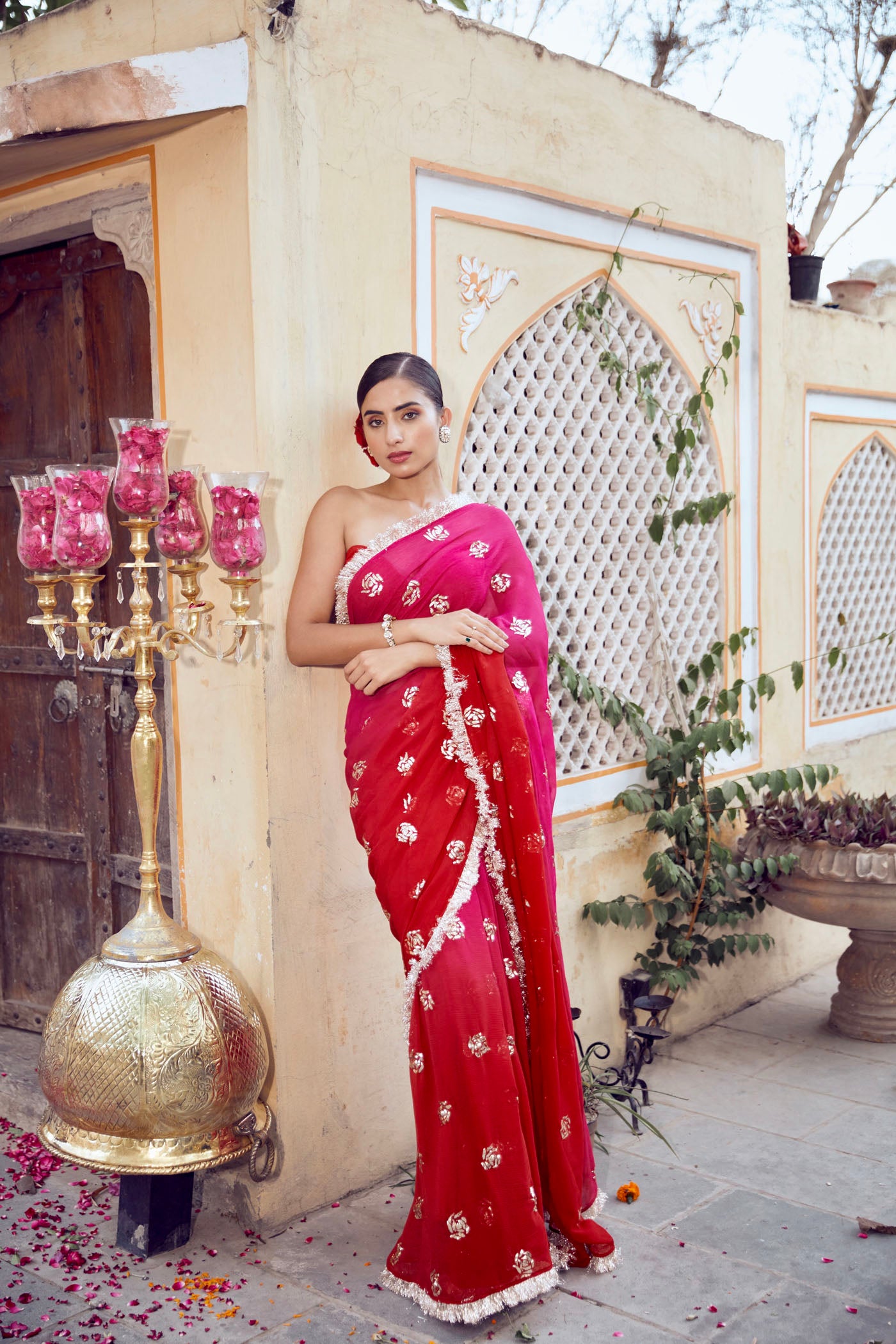 Cadmium Red Georgette Saree Set