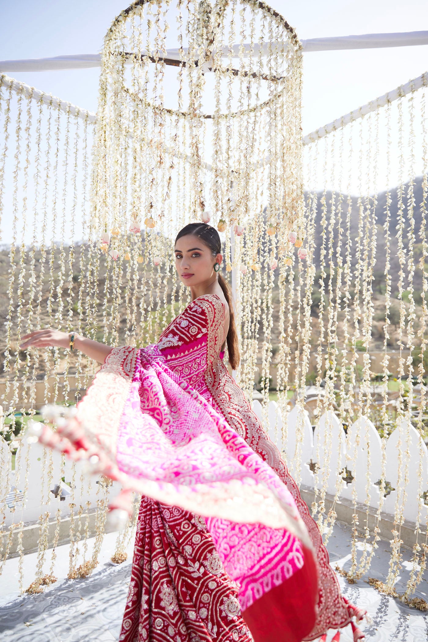Red & Rani Pink Embroidered Saree Set
