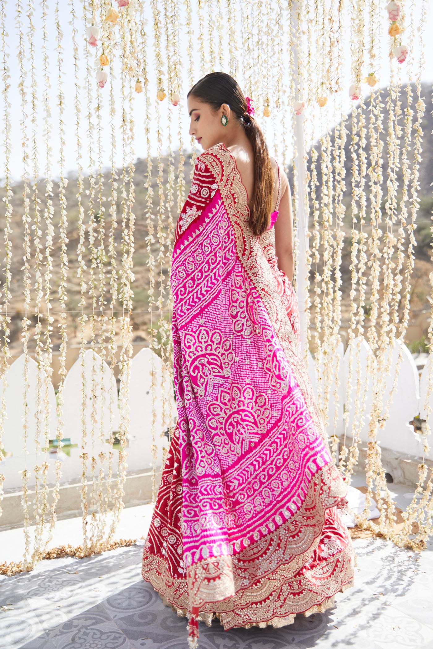 Red & Rani Pink Embroidered Saree Set