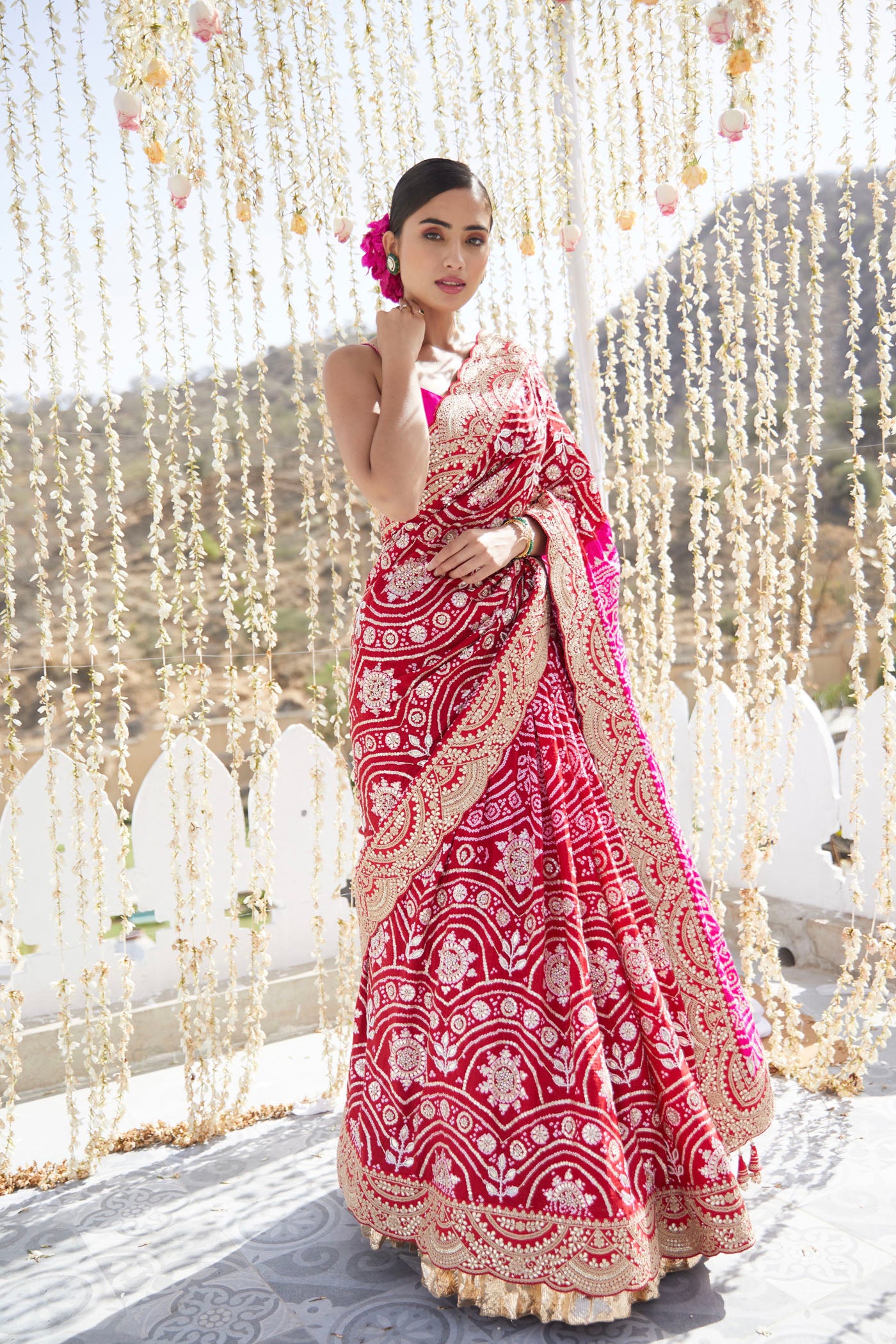 Red & Rani Pink Embroidered Saree Set