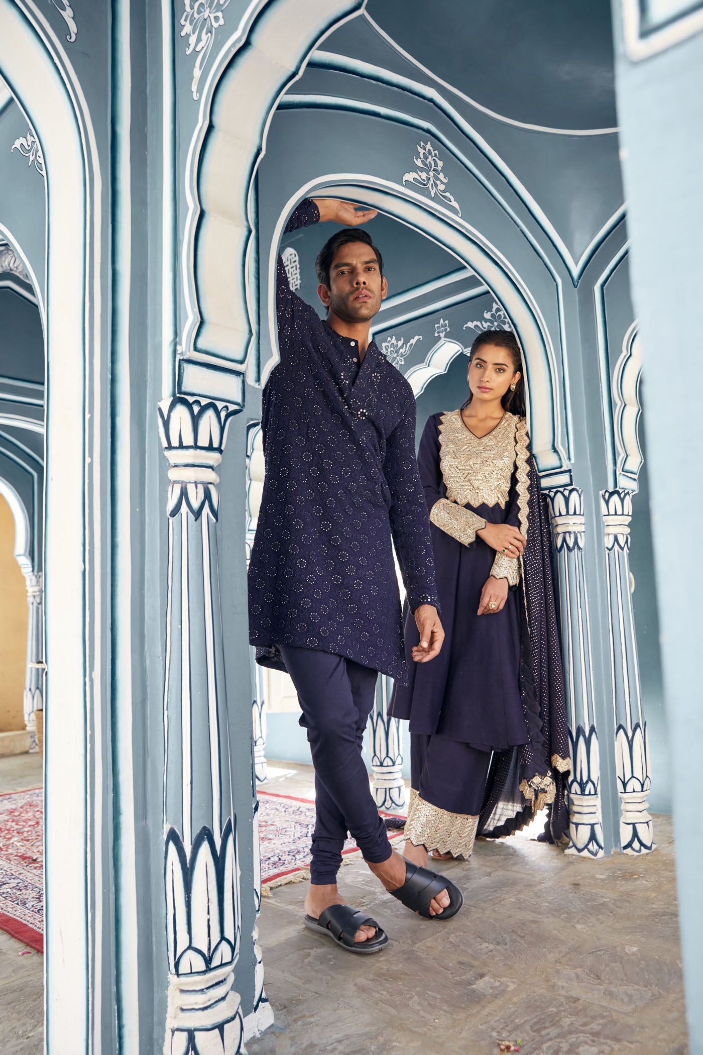 Navy Chikankari Kurta Set With Mukaish Work