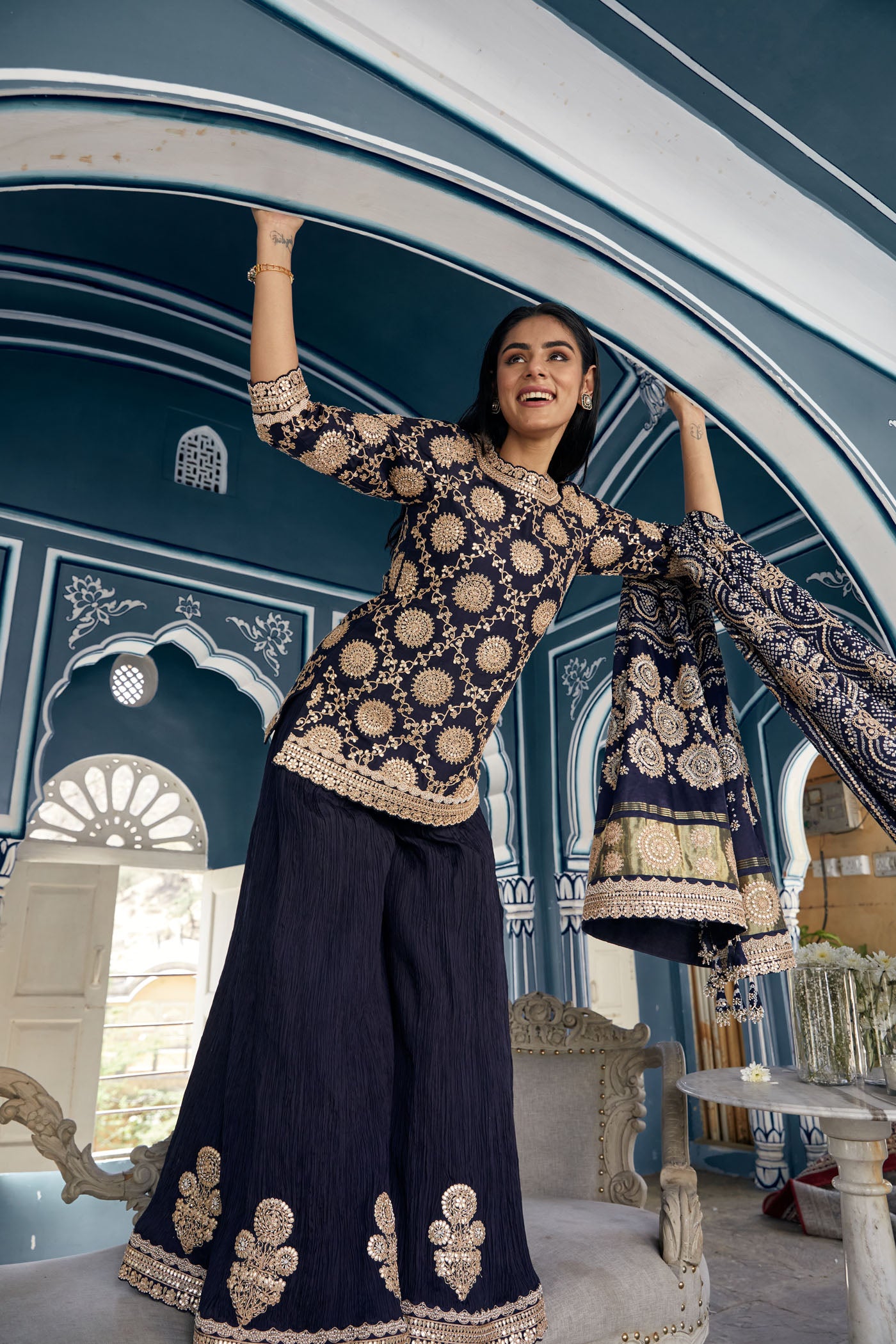 Navy Blue Silk Crushed Sharara Set