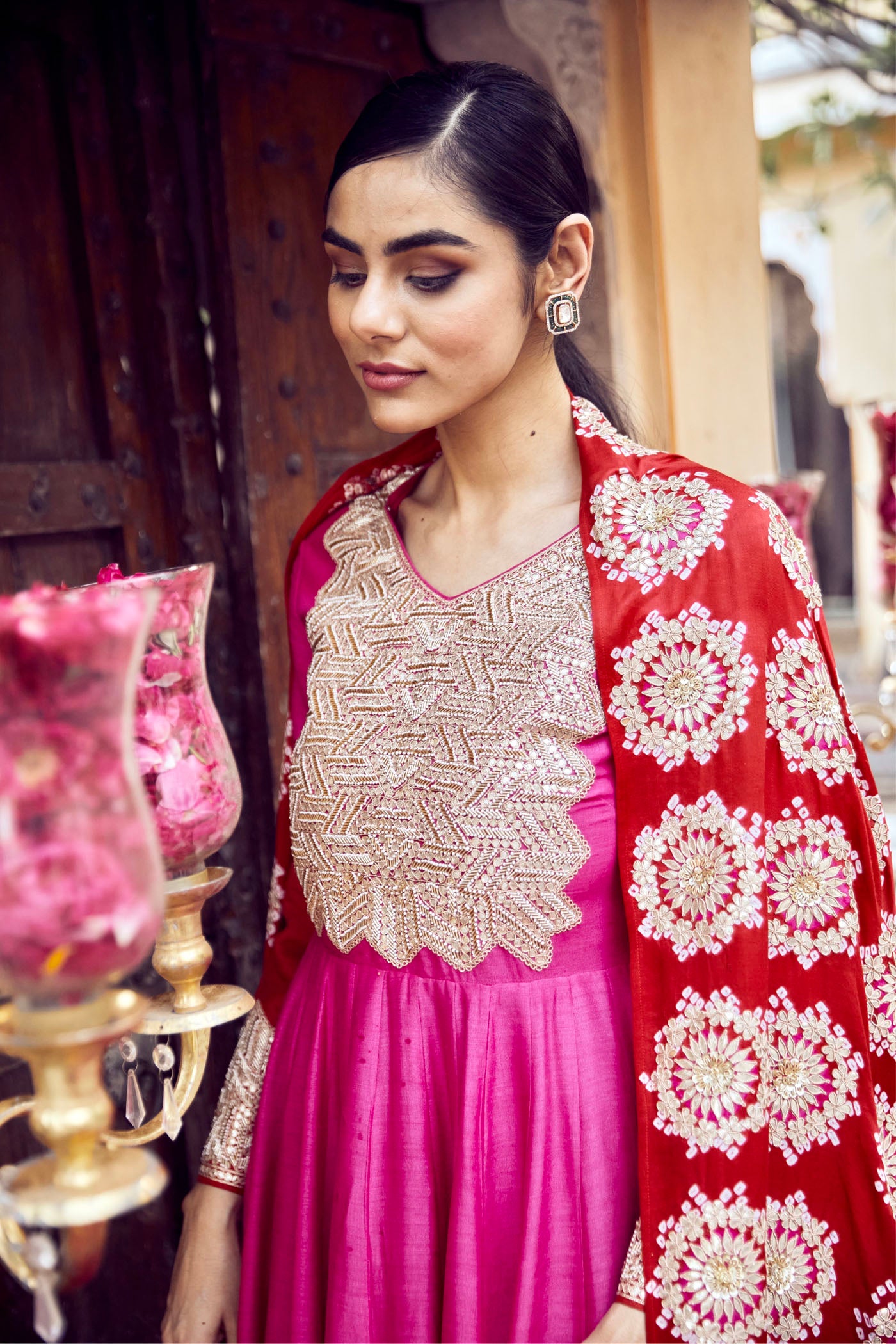 Cherry Red & Pink Anarkali Set