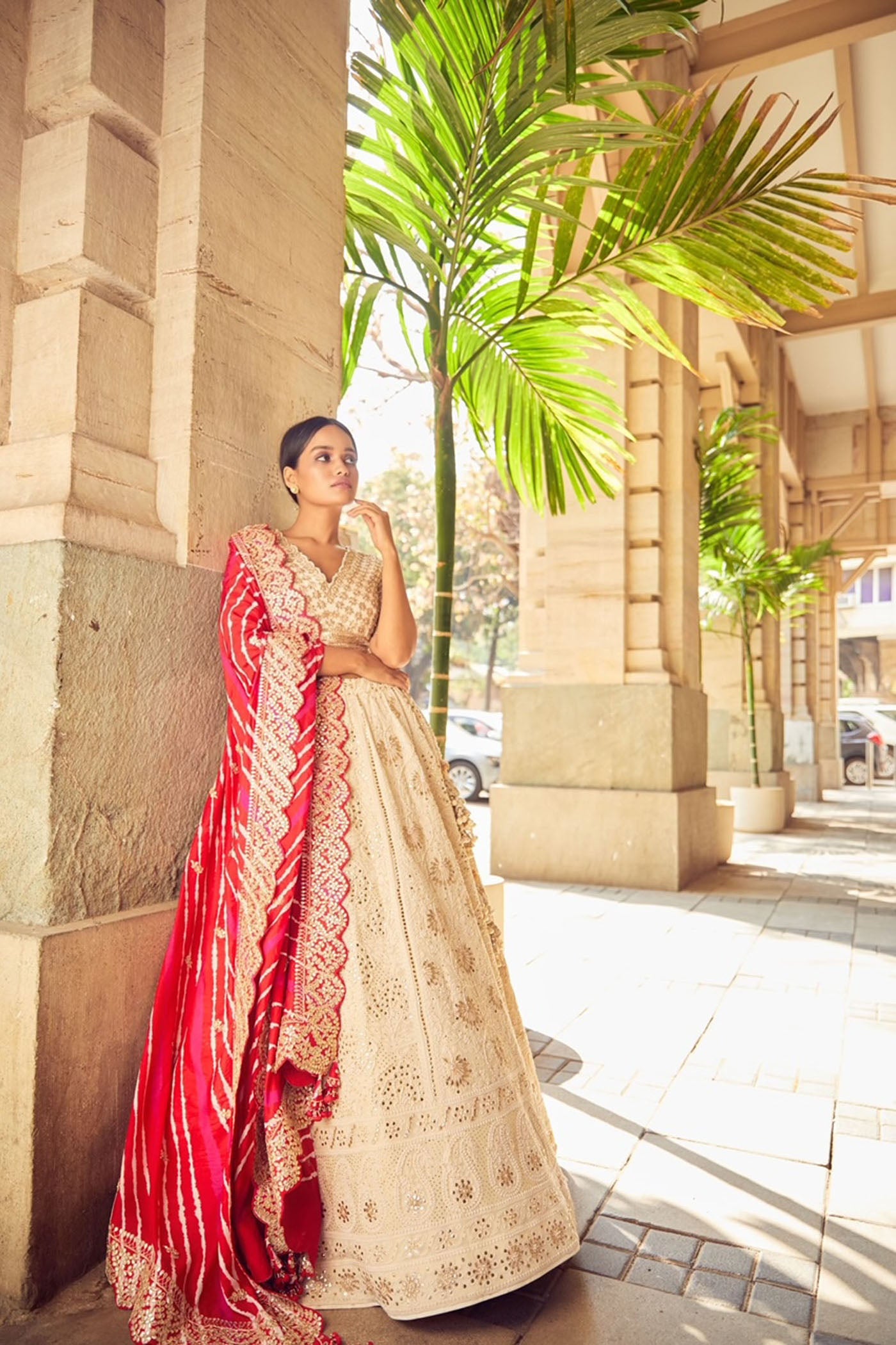 Ivory Chikankari Lehenga With Red leheriya Dupatta set
