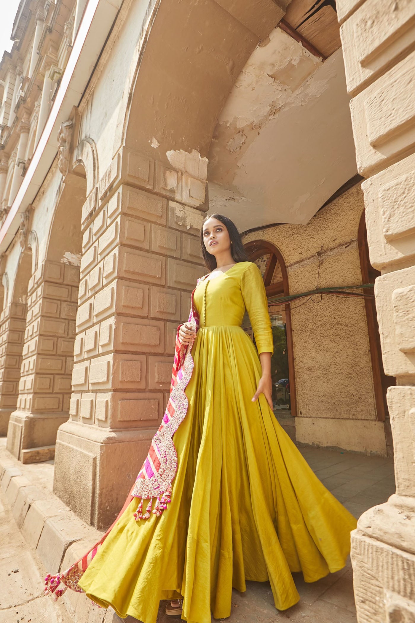 Mehendi green Anarkali With Leheriya Dupatta