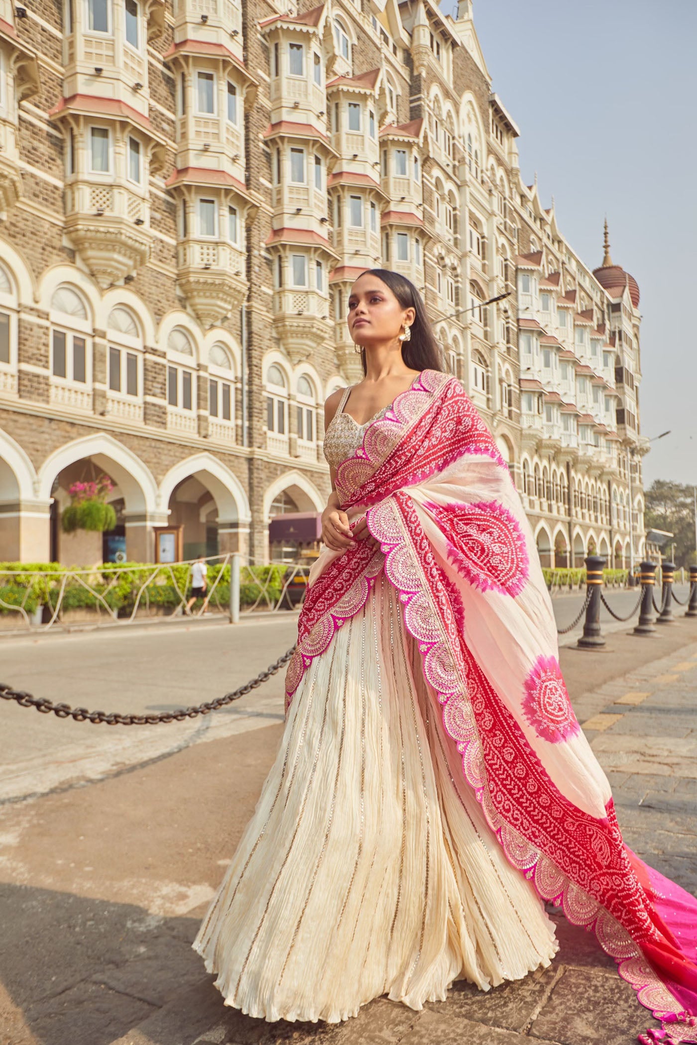 IVORY CRUSH LEHENGA WITH BLOUSE AND IVORY/PINK BANDHANI DUPATTA