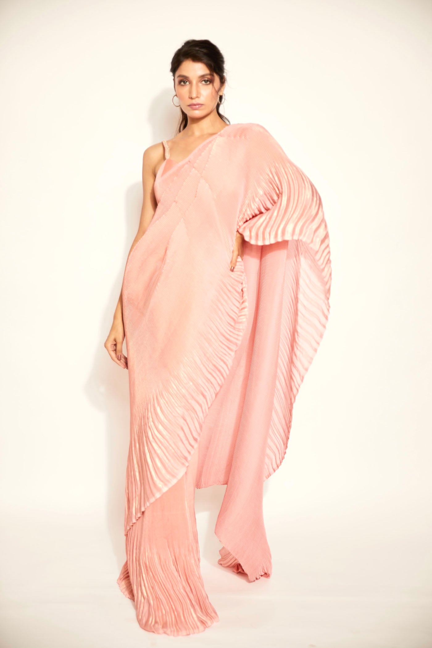Light Pink Pleated Italian Silk Pre-Stitched Saree