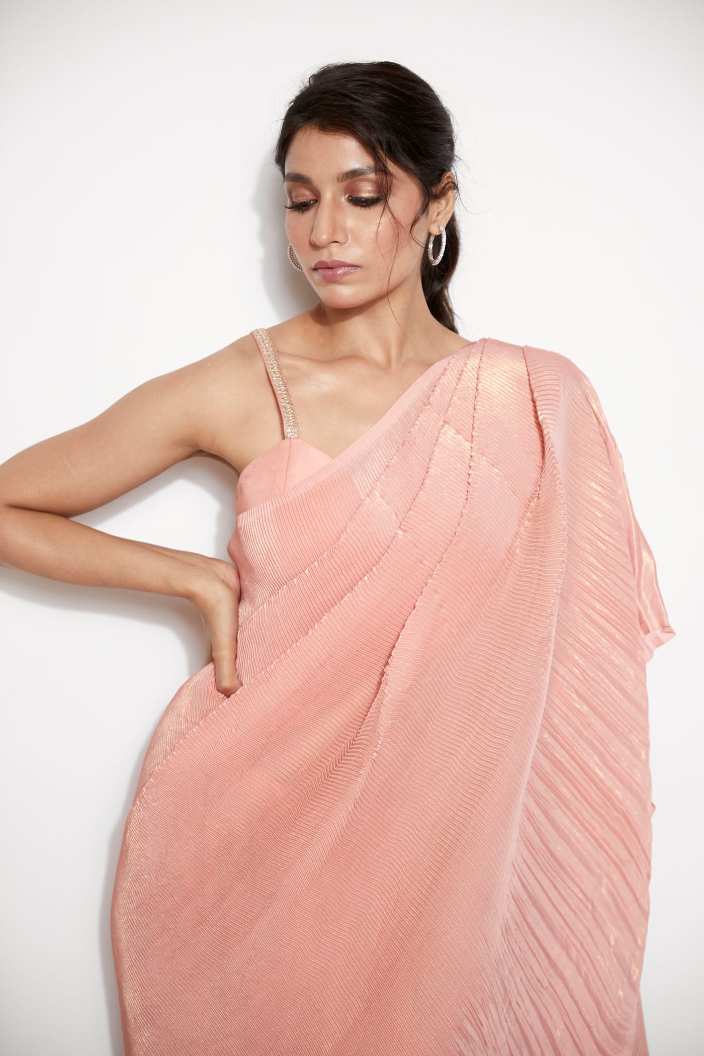 Light Pink Pleated Italian Silk Pre-Stitched Saree