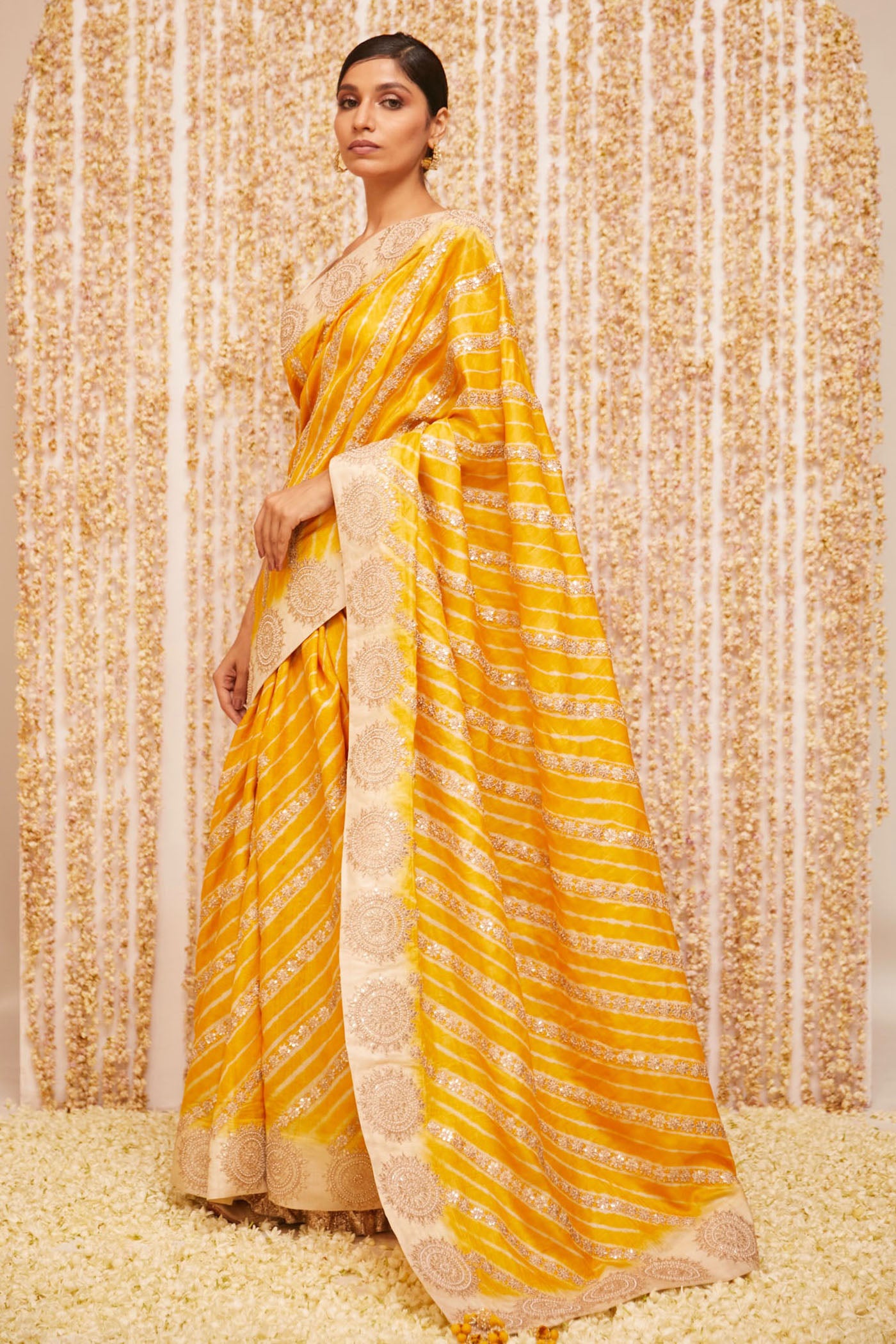Yellow Leheriya Saree With Embroidered Border