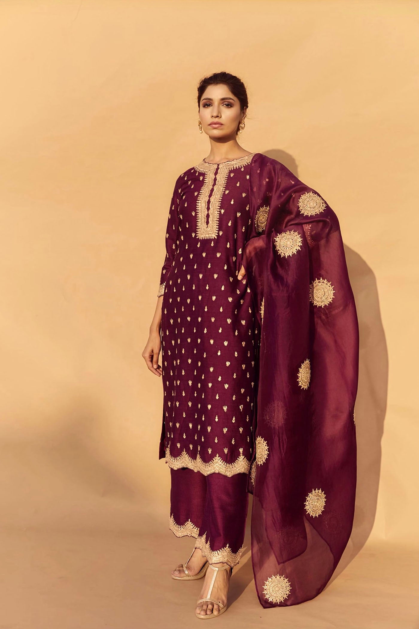 Wine Embroidered Kurta Set