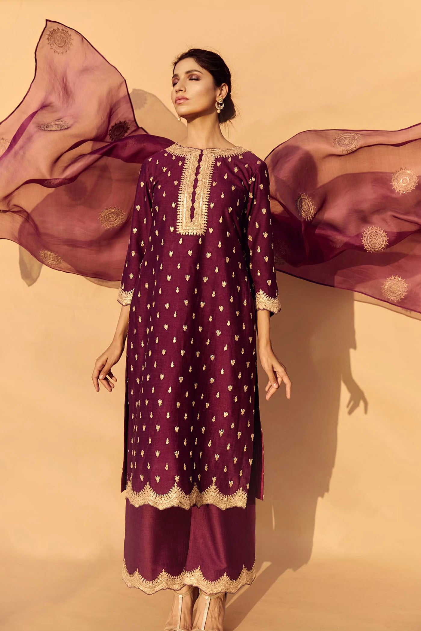Wine Embroidered Kurta Set