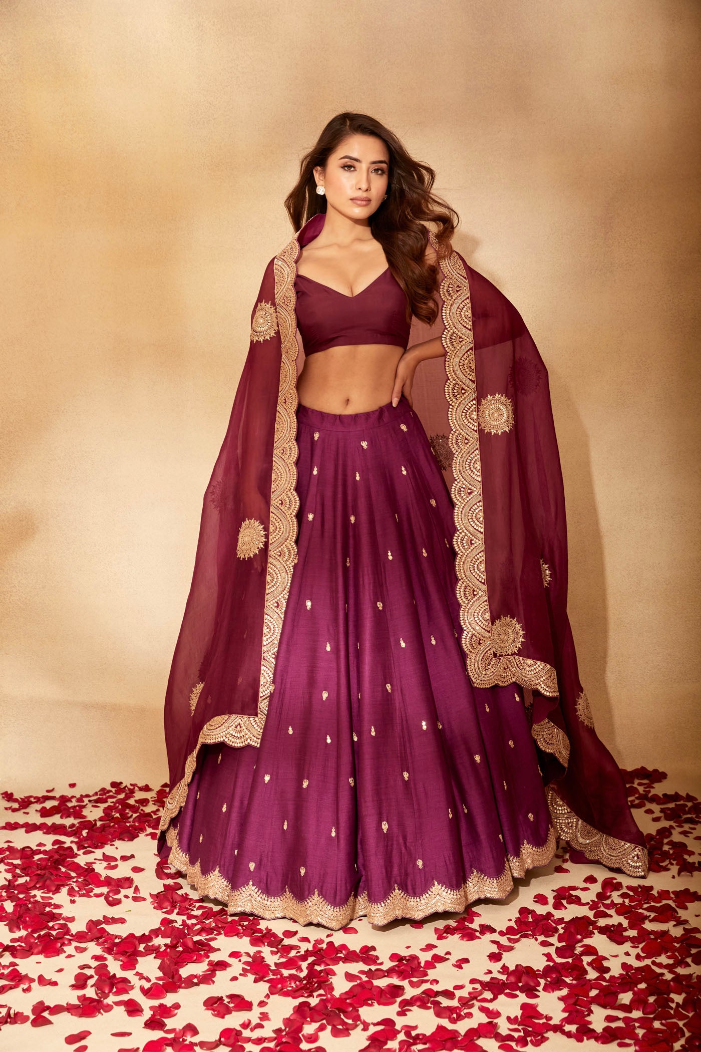 Wine Embellished Lehenga Set