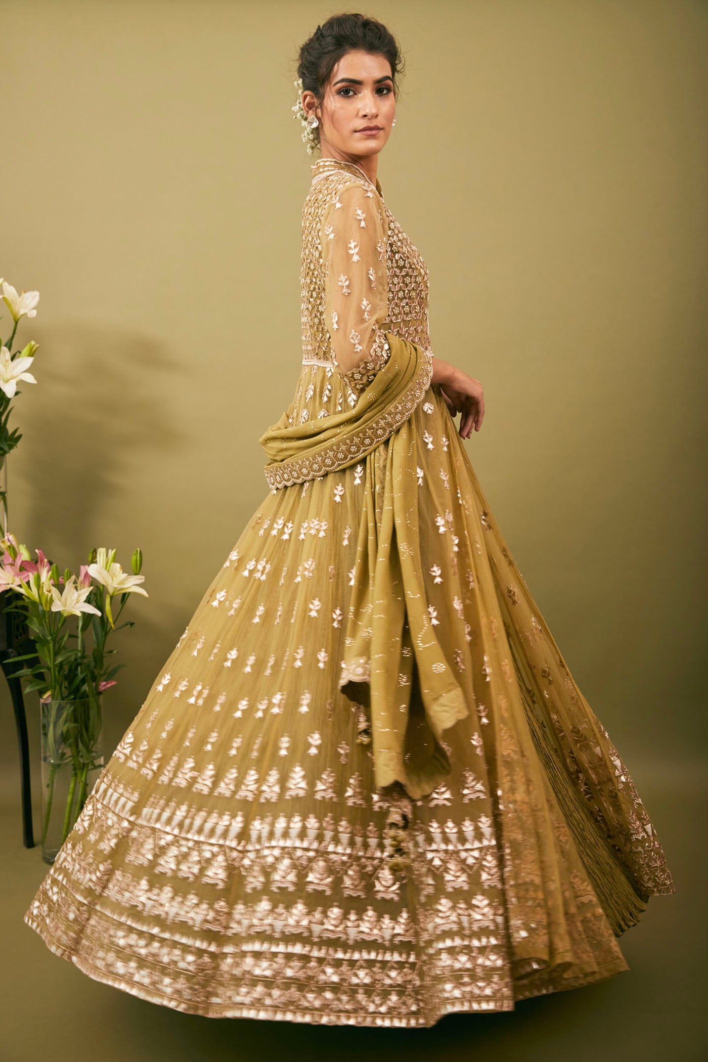 Olive green anarkali set