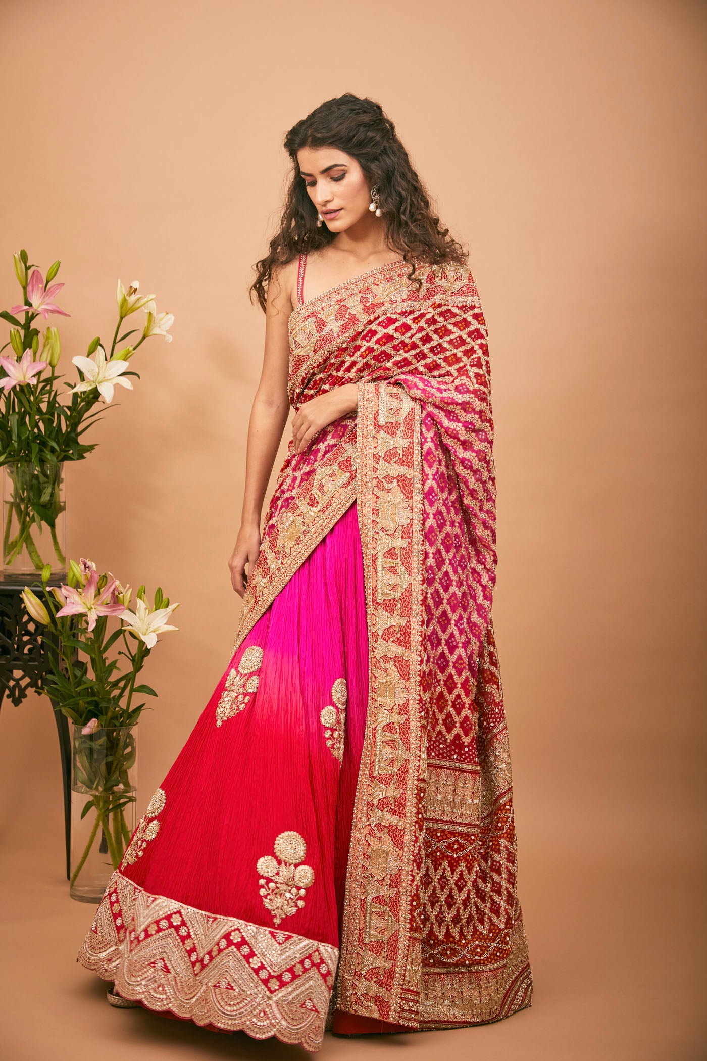 RED PINK LEHENGA SAREE SET