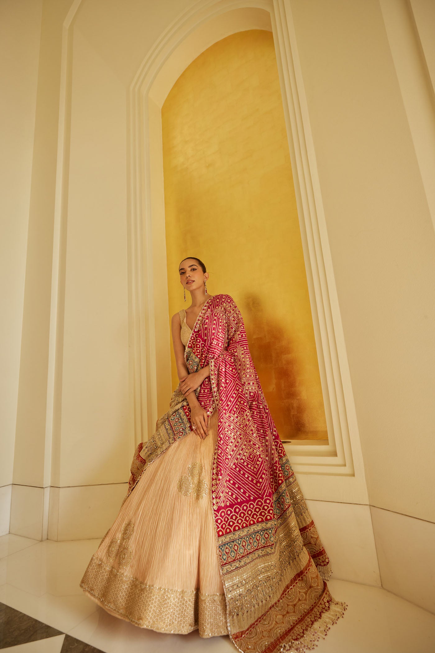 beige Crushed Silk Lehenga Set