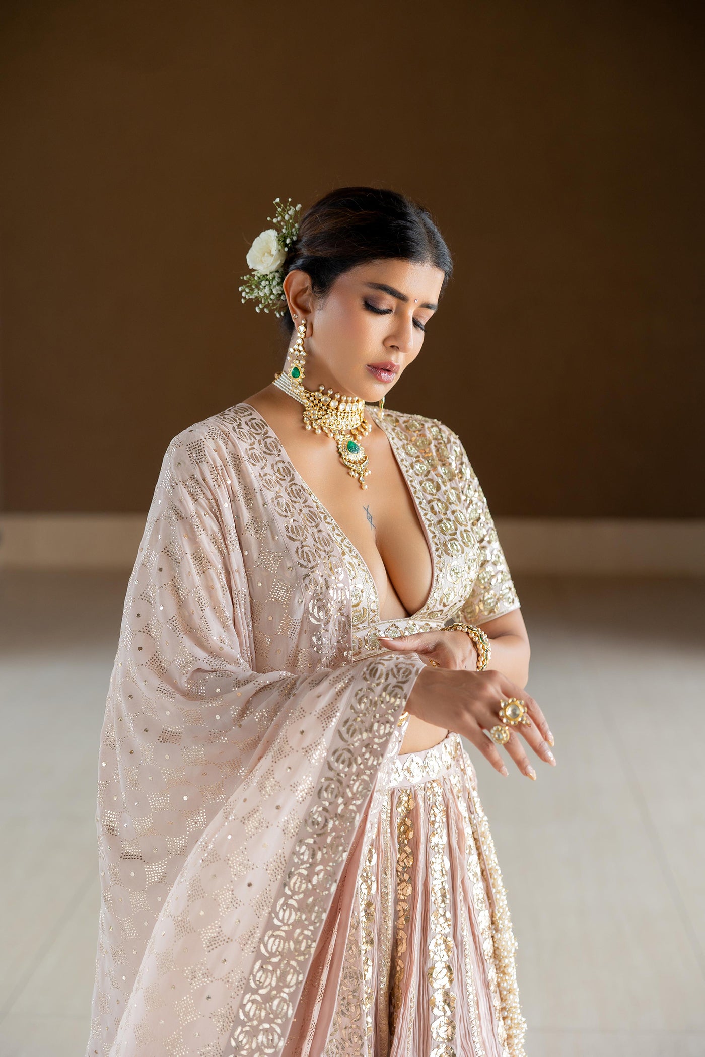 ONION PINK CRUSHED SILK LEHENGA SET