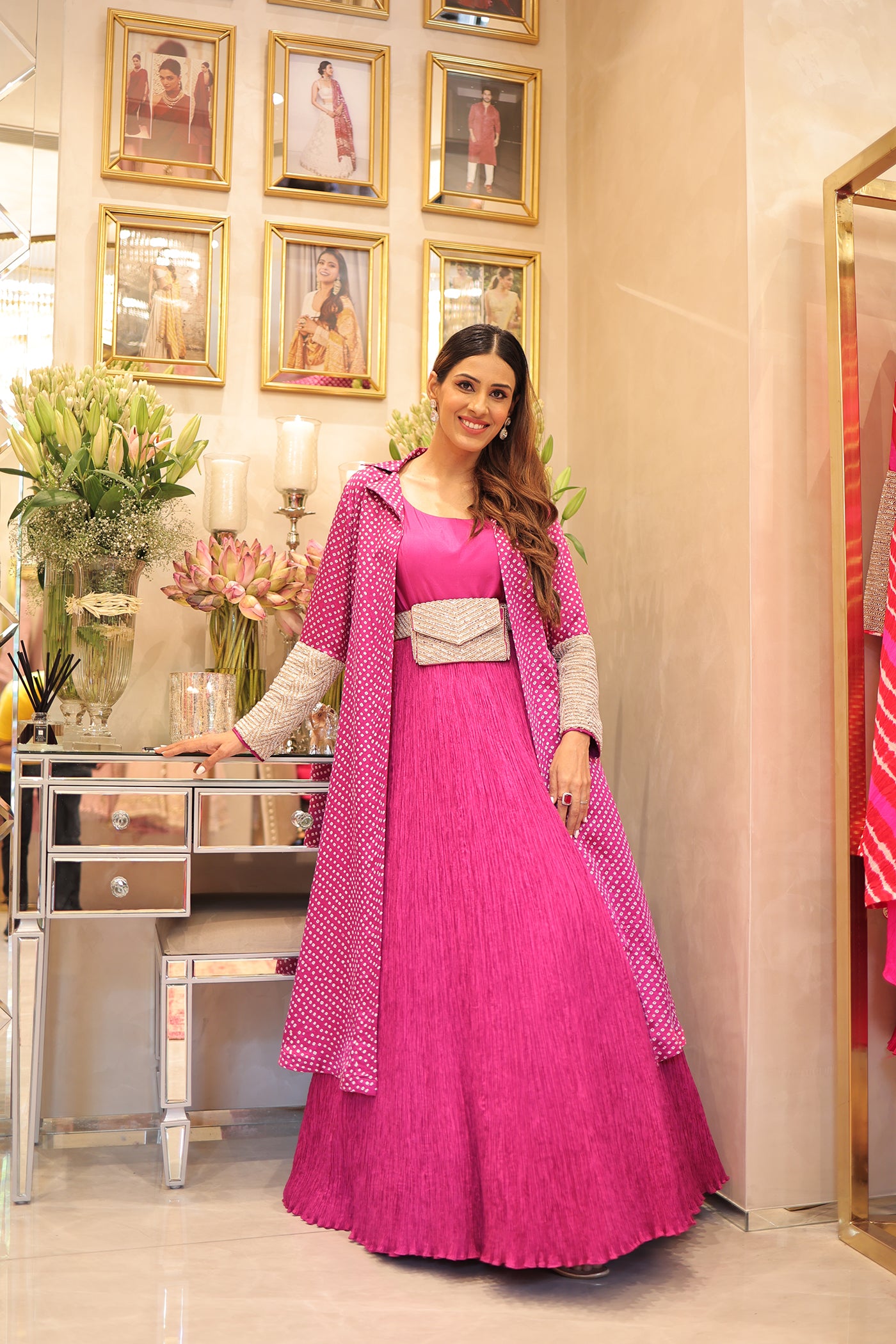 Pink Crushed Silk Bandhani Jacket Set