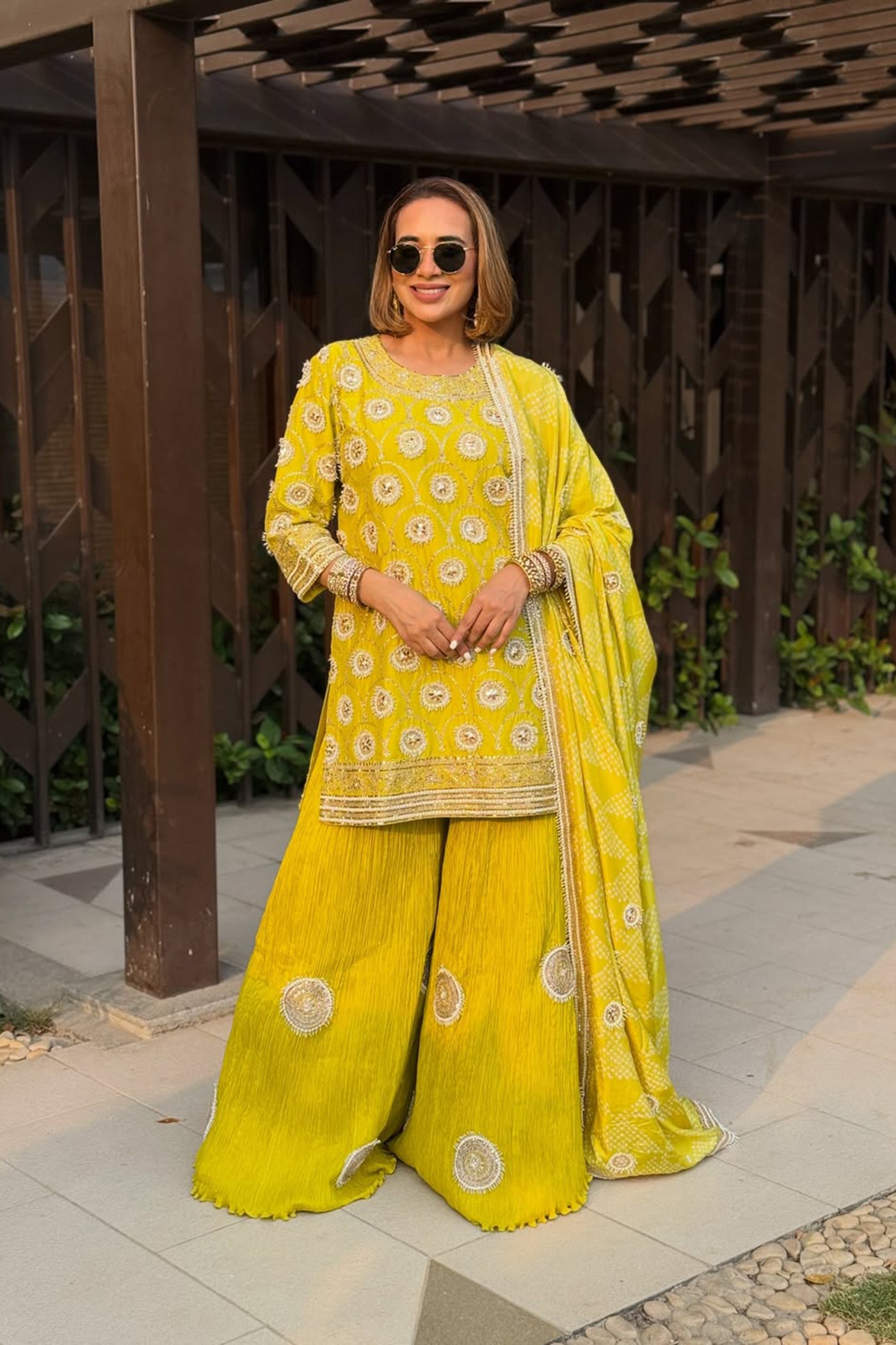 PRIYANKA YADAV In Green pearl work crush sharara set with bandhani dupatta