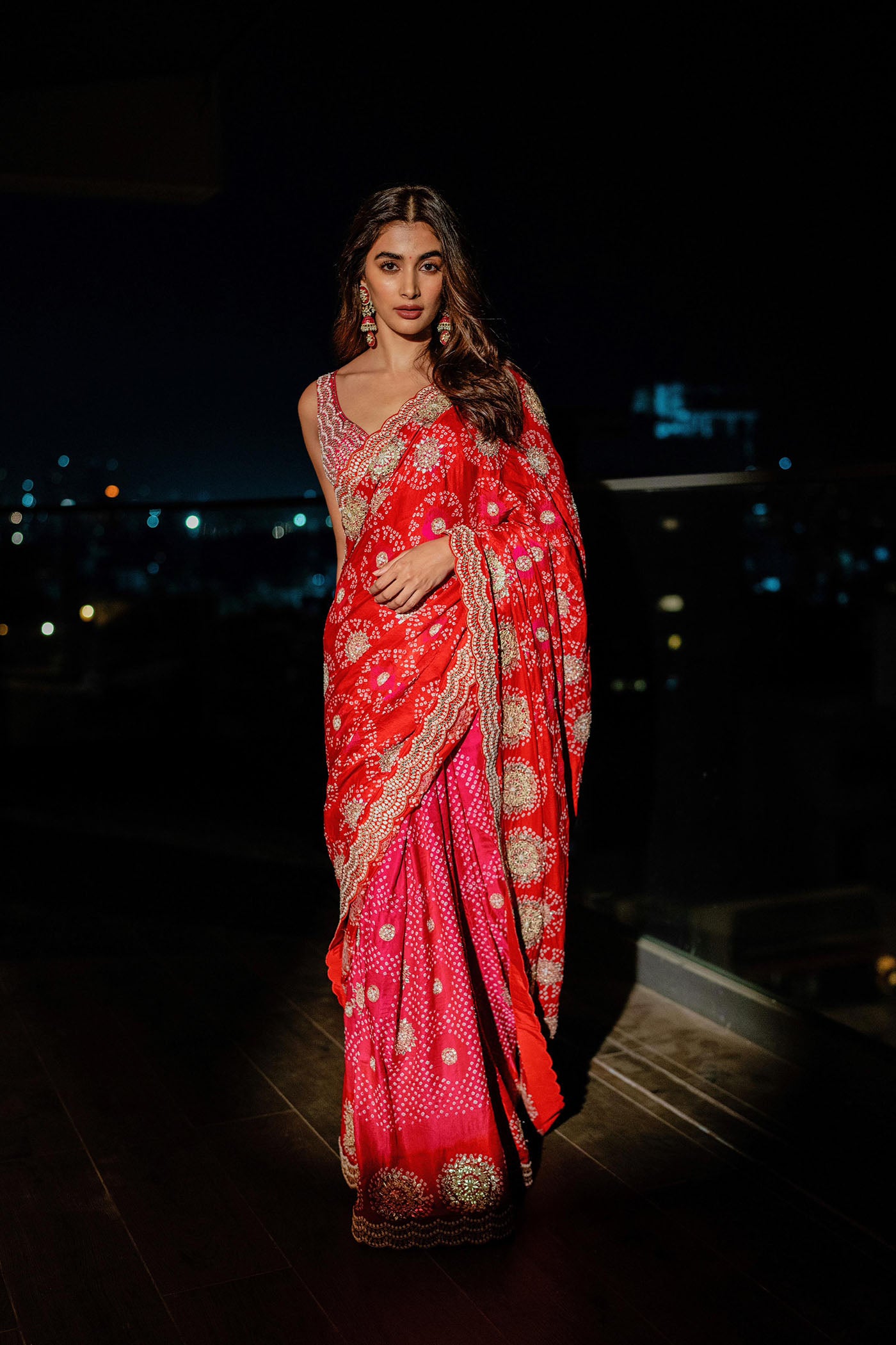 Red Pink Bandhani Saree Set