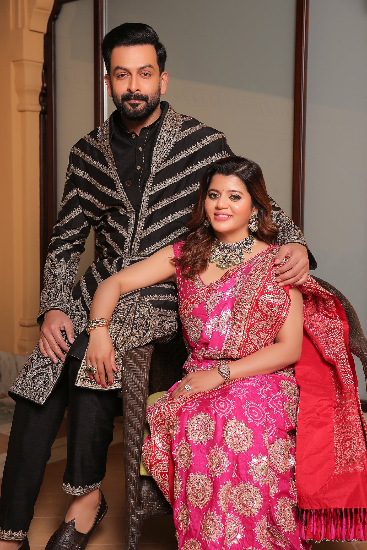 Red & Rani Pink Silk Embroidered Bandhani Saree Set