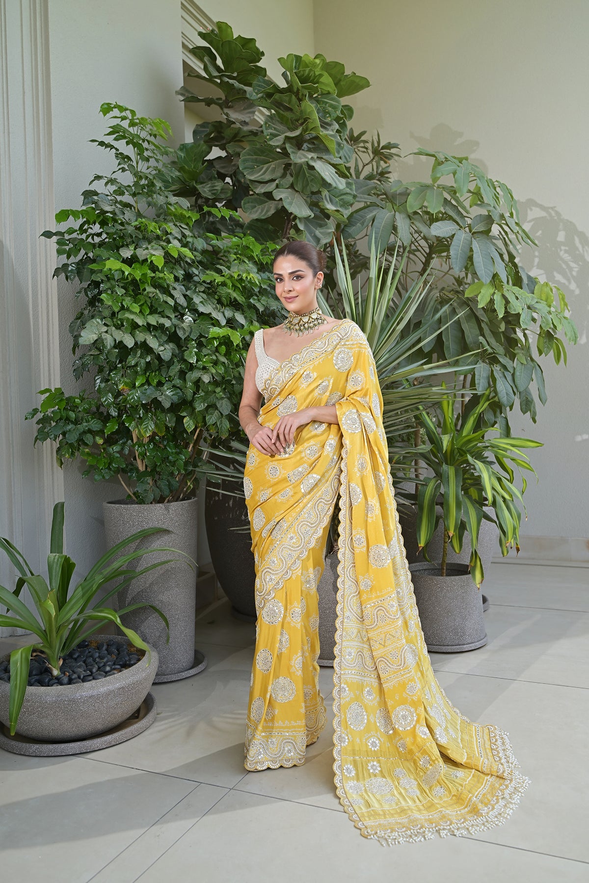 Priyanka Nagar In Yellow Circle Bandhani Saree Set