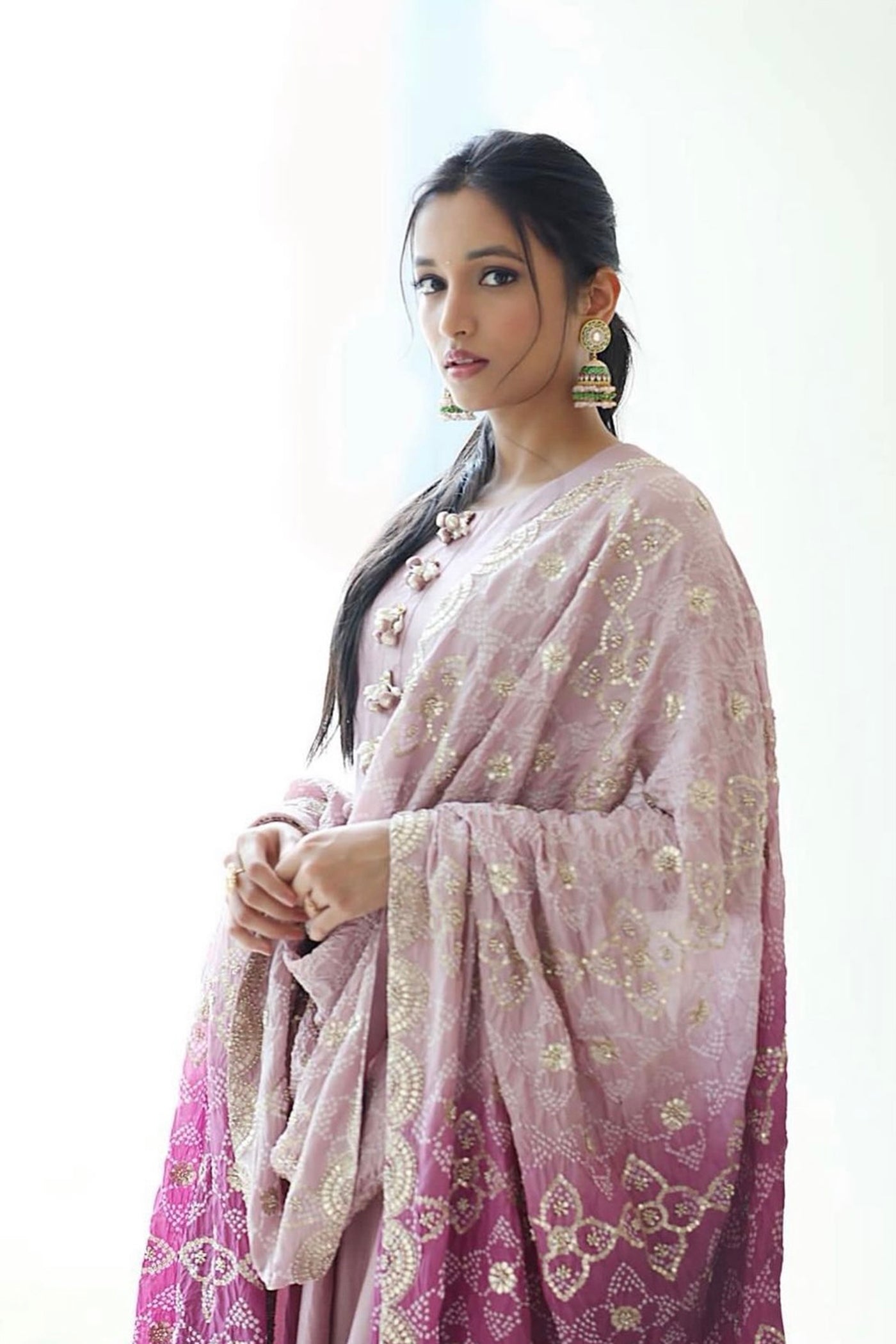 Lavender-anarkali Set with Bandhani Dupatta