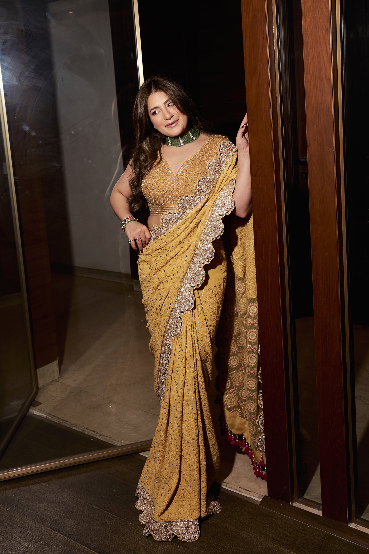 MEGHNA PAHWA IN MUSTARD CHIKANKARI SAREE SET