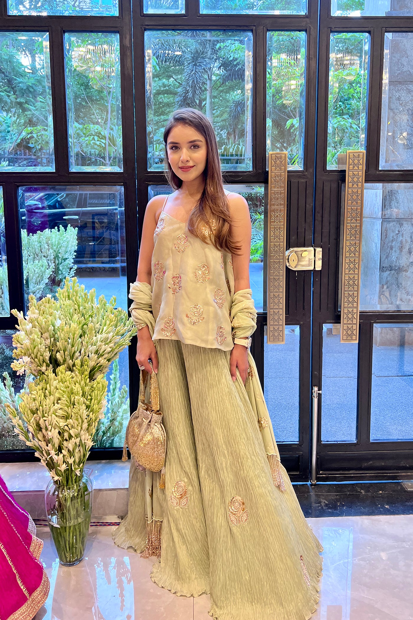 Sage Green Embroidered Peplum Sharara Set