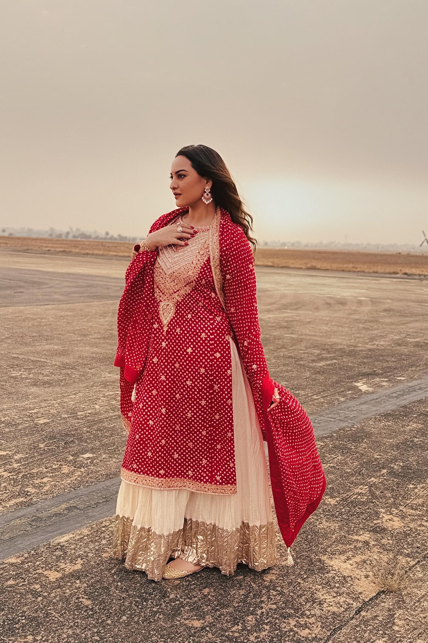 Red Bandhani Gajji Silk Heavy Yoke Kurta Set