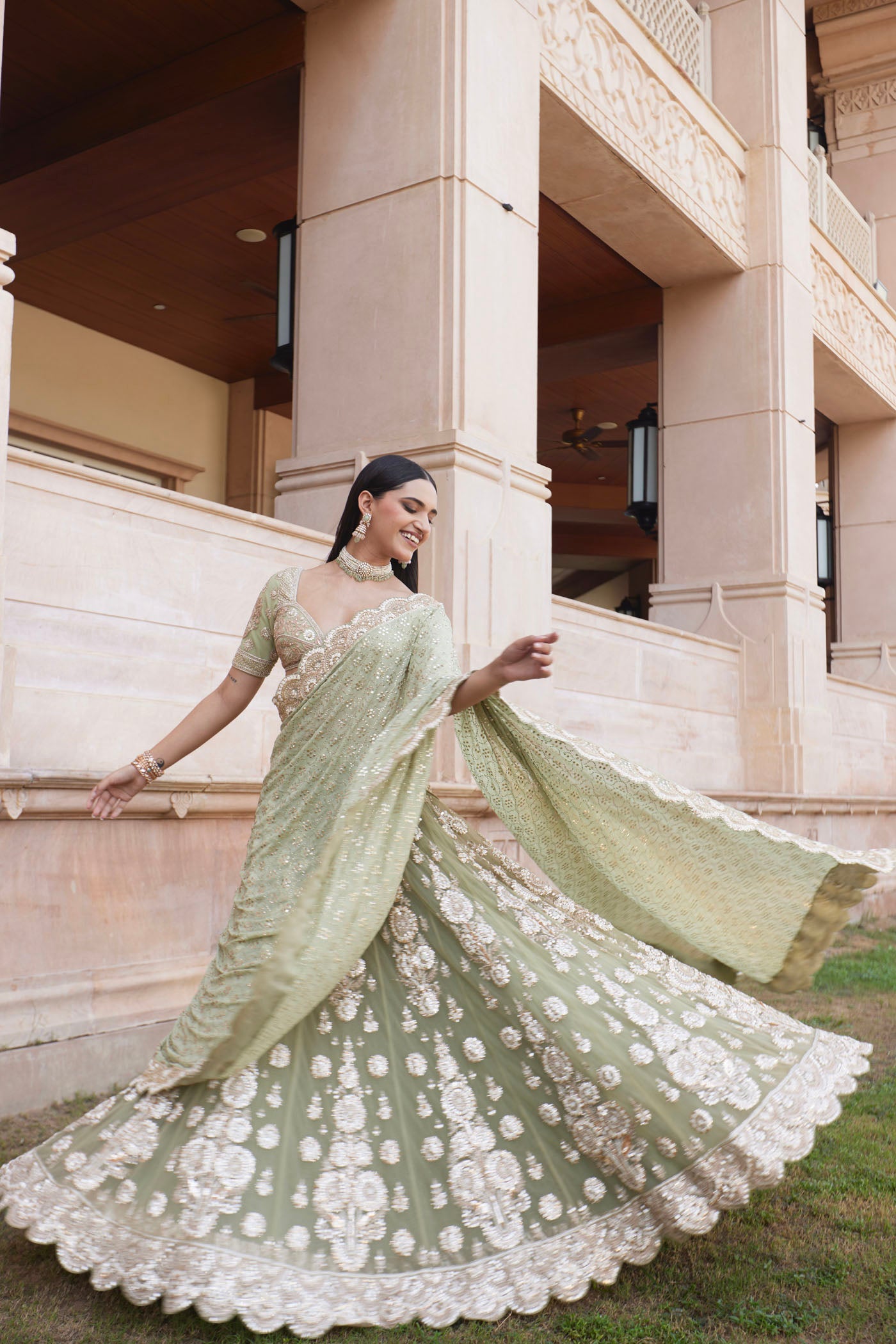 Mint green lehenga saree set