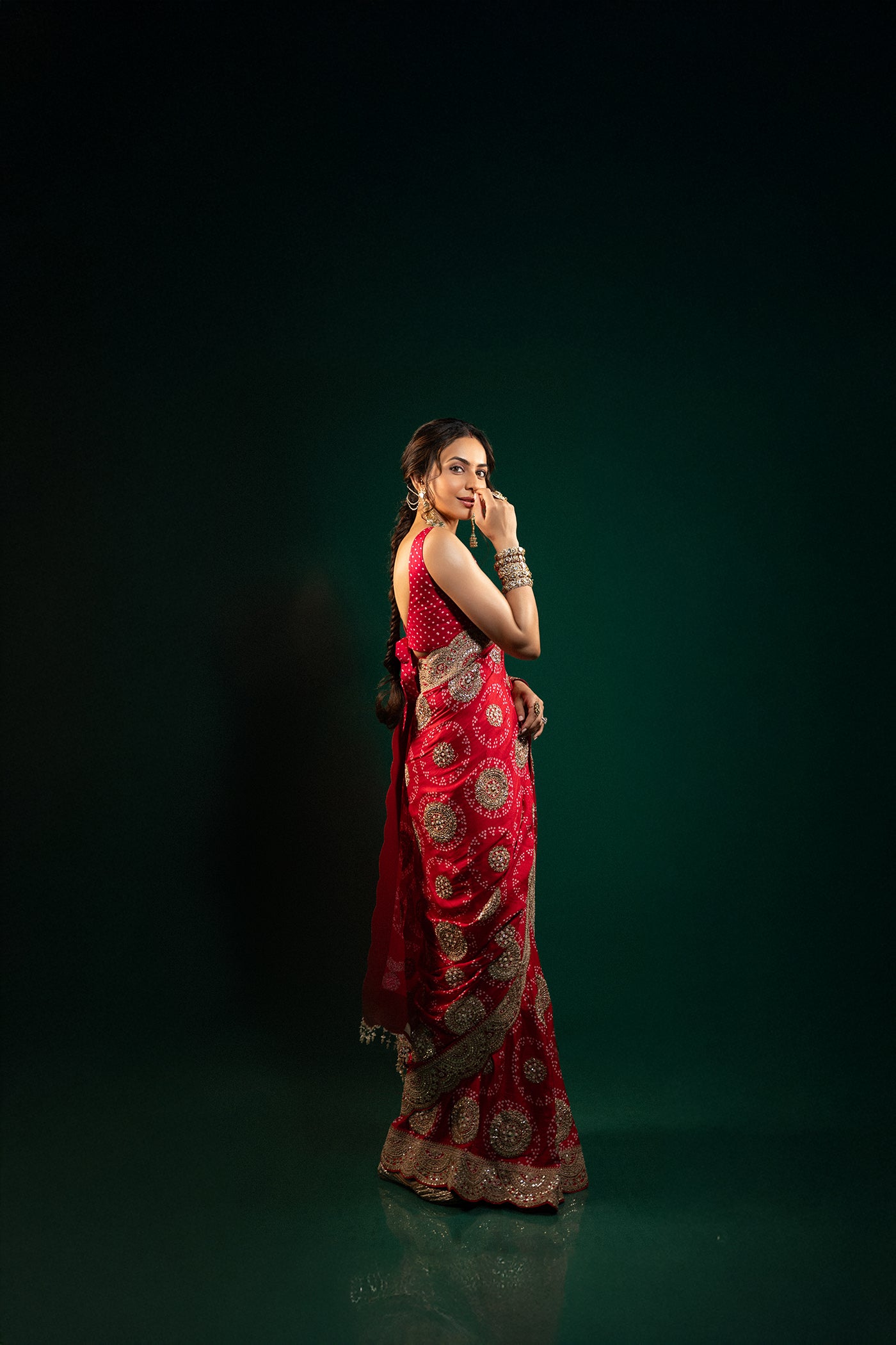 RED GAJJI SILK BANDHANI SAREE SET