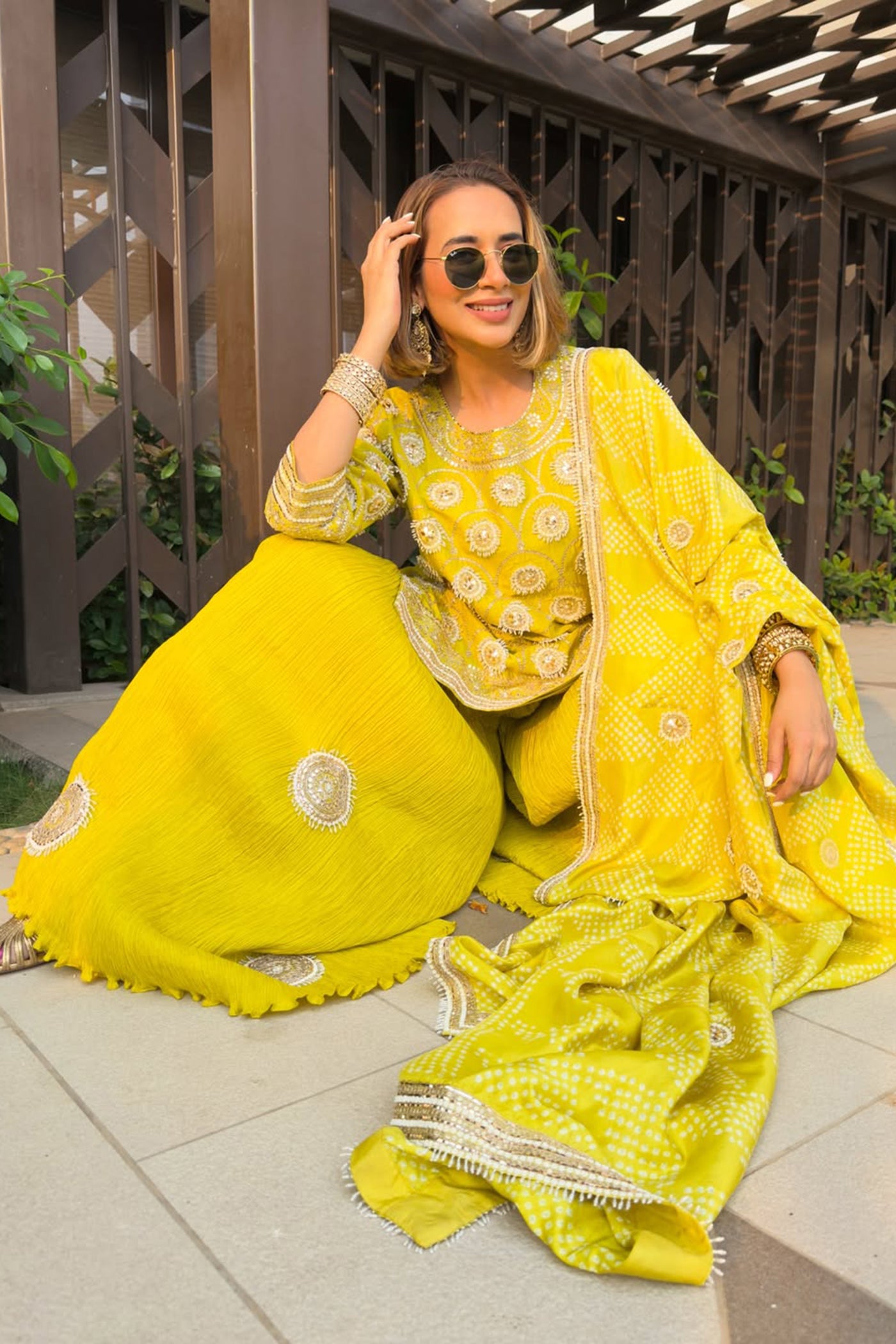 PRIYANKA YADAV In Green pearl work crush sharara set with bandhani dupatta