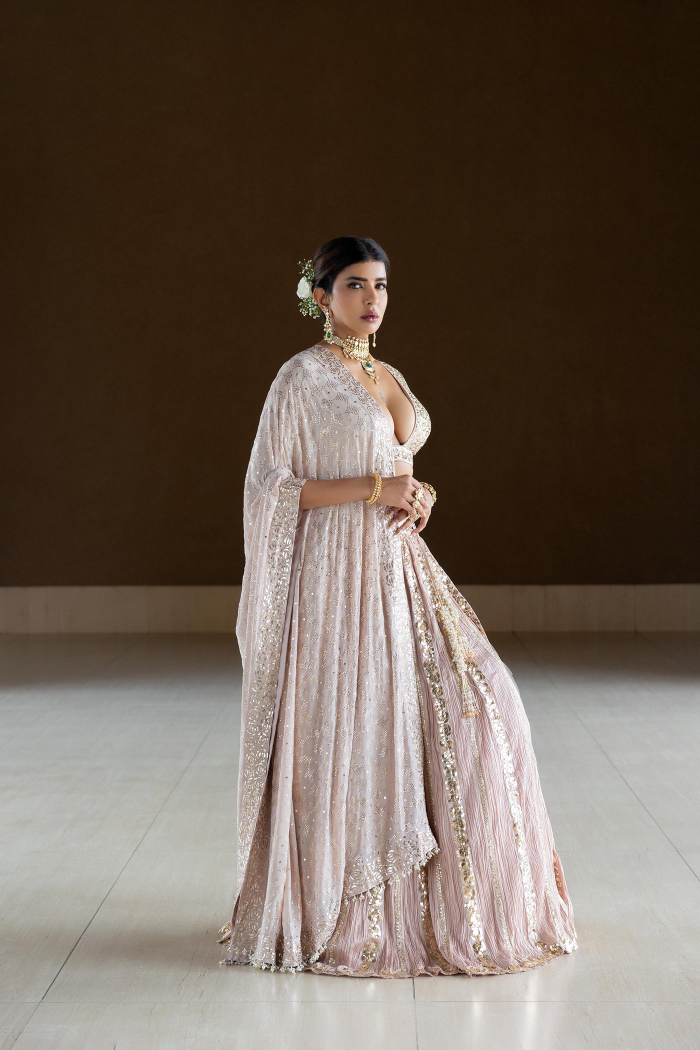 ONION PINK CRUSHED SILK LEHENGA SET