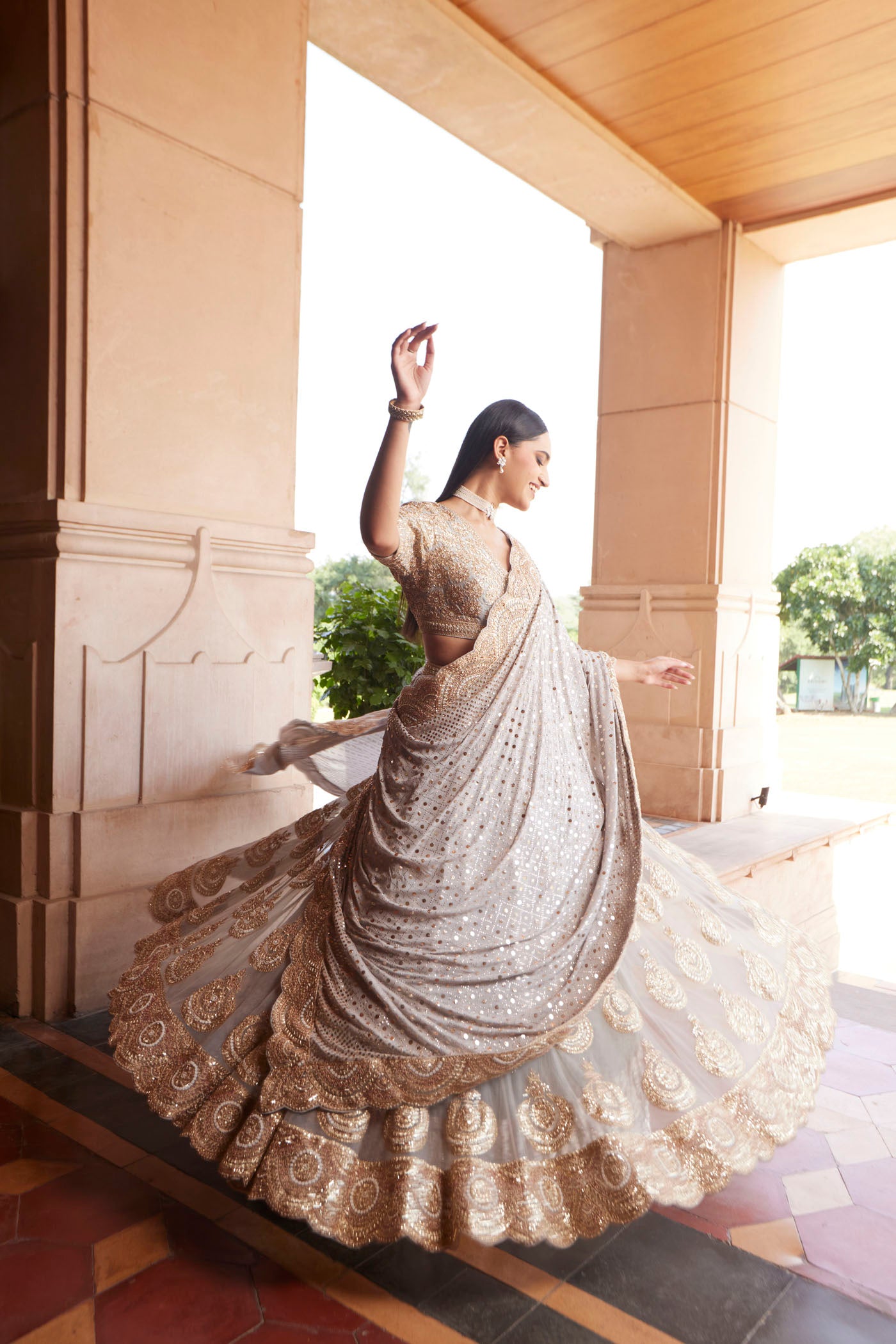 Grey Embroidered Lehenga Saree Set