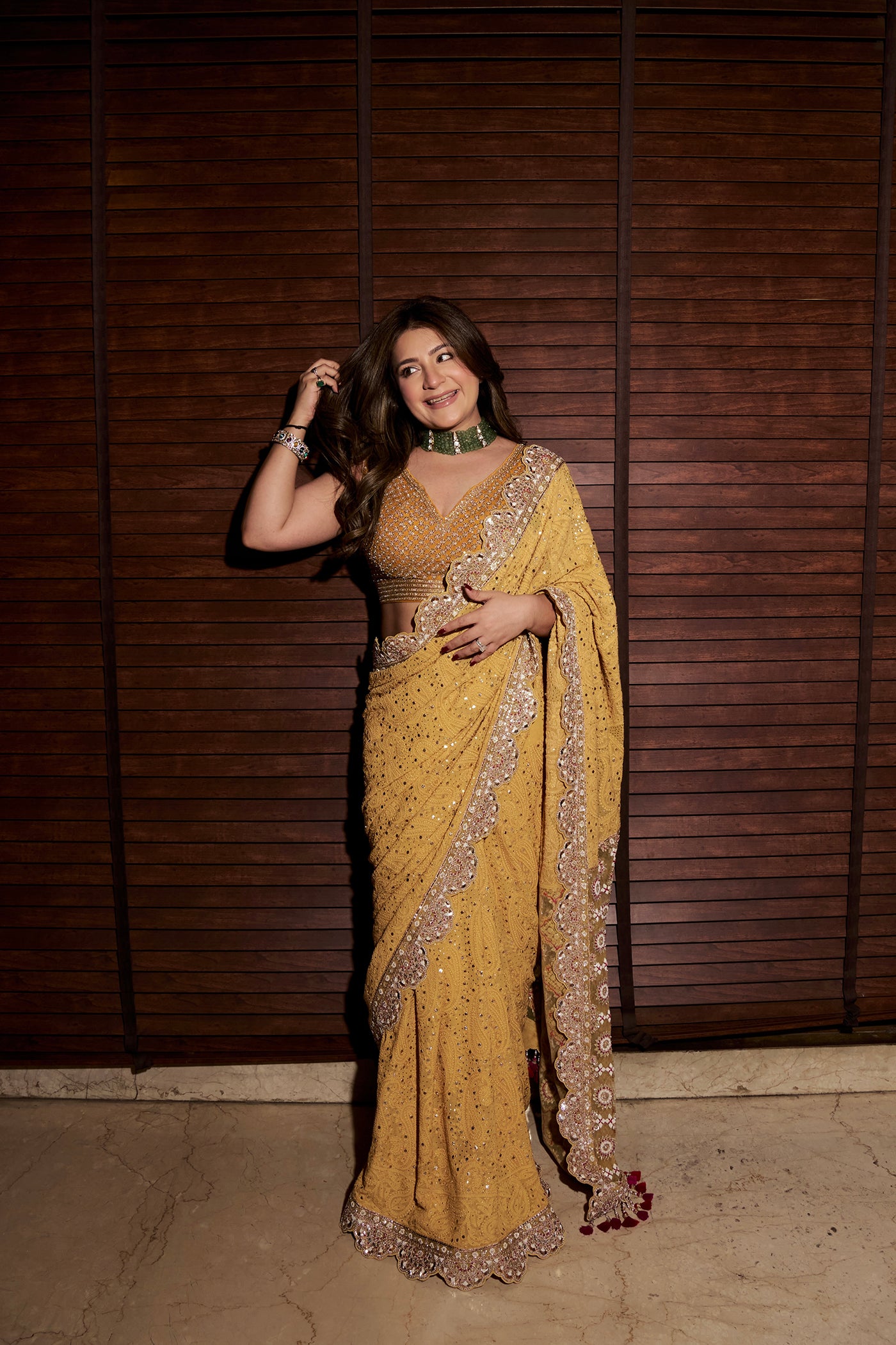 MEGHNA PAHWA IN MUSTARD CHIKANKARI SAREE SET