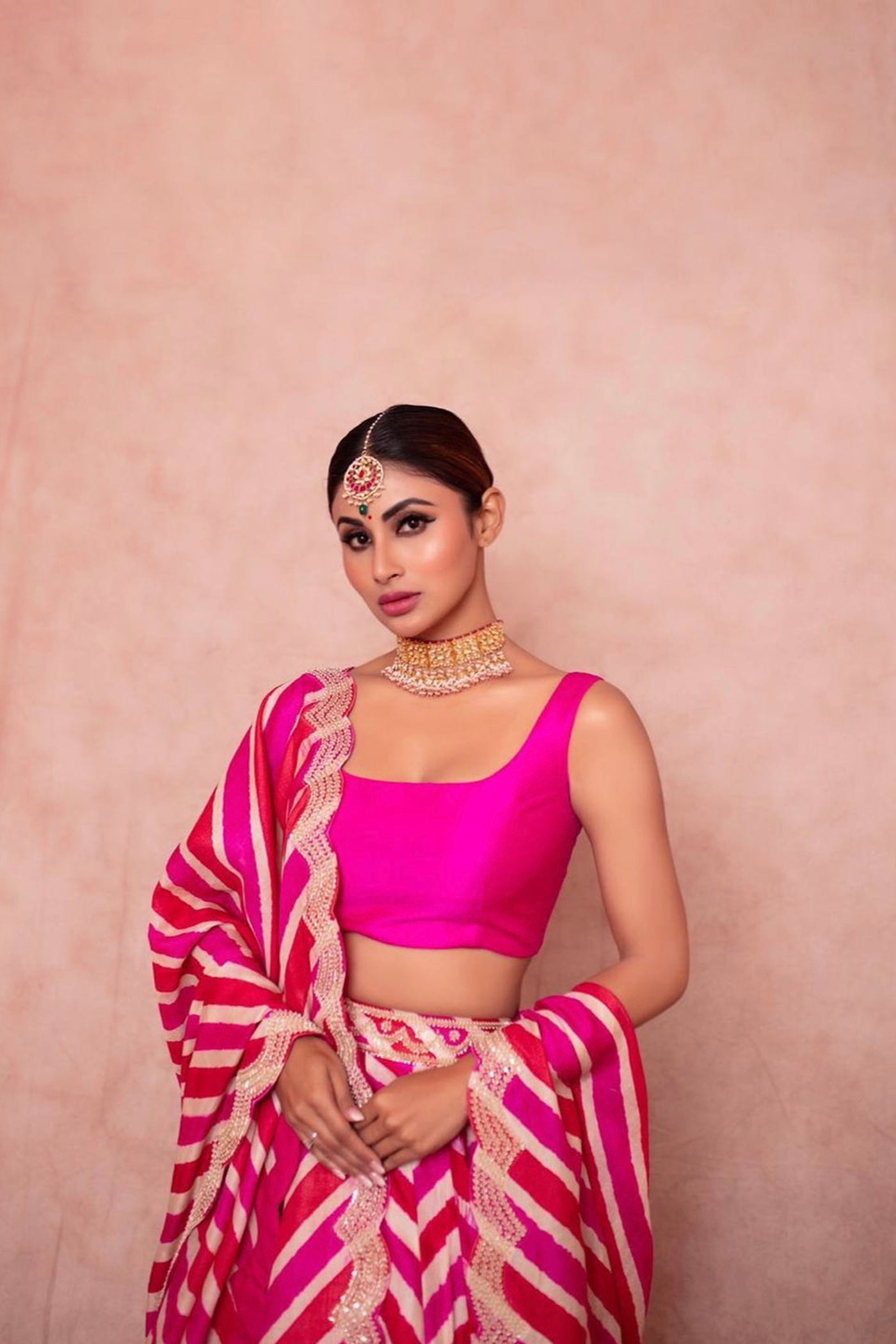Pink Tussar Silk Leheriya Lehenga Set