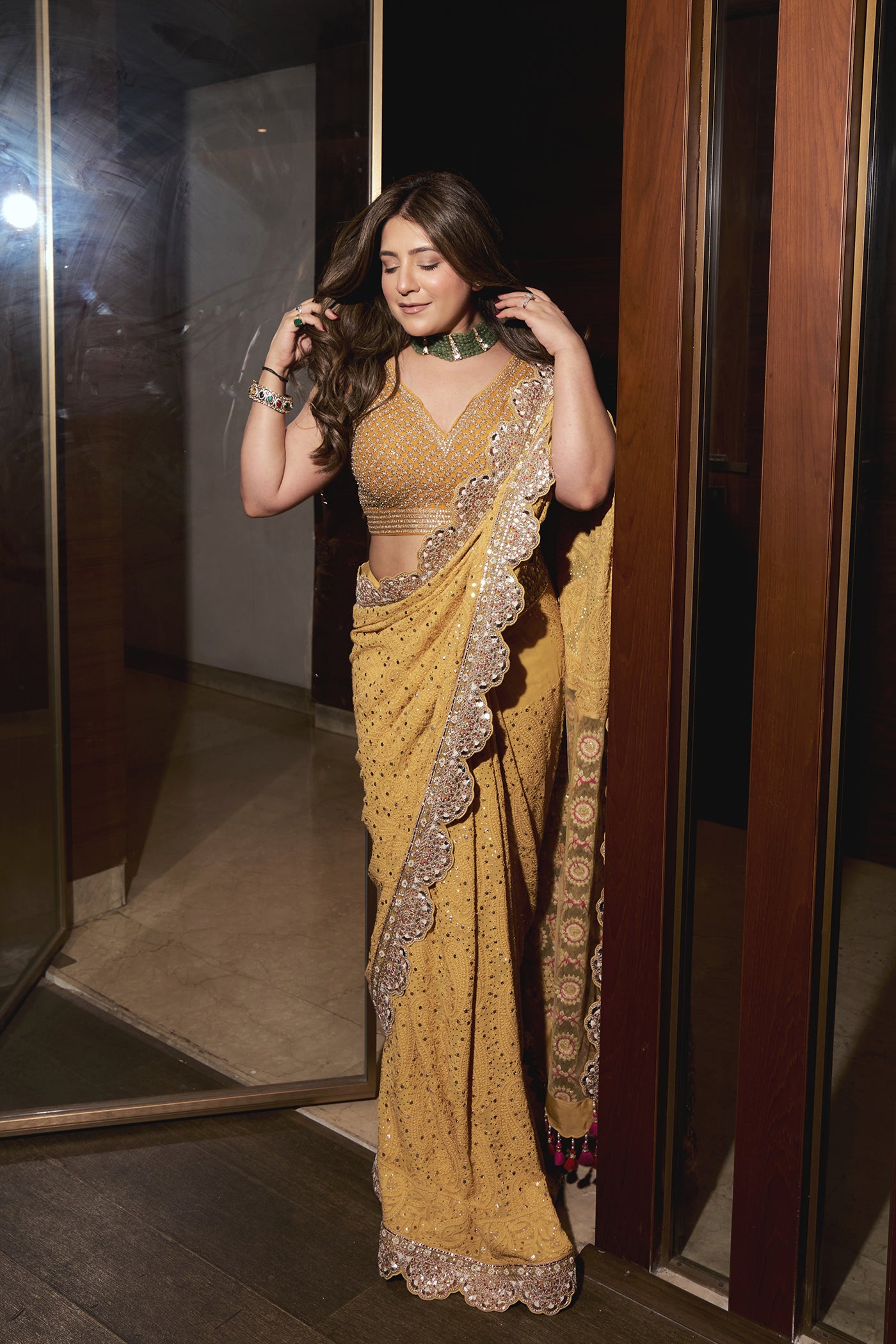 MEGHNA PAHWA IN MUSTARD CHIKANKARI SAREE SET