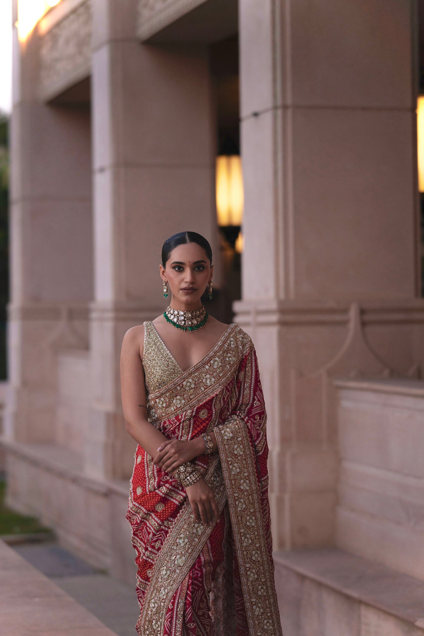 Red Bandhni saree set