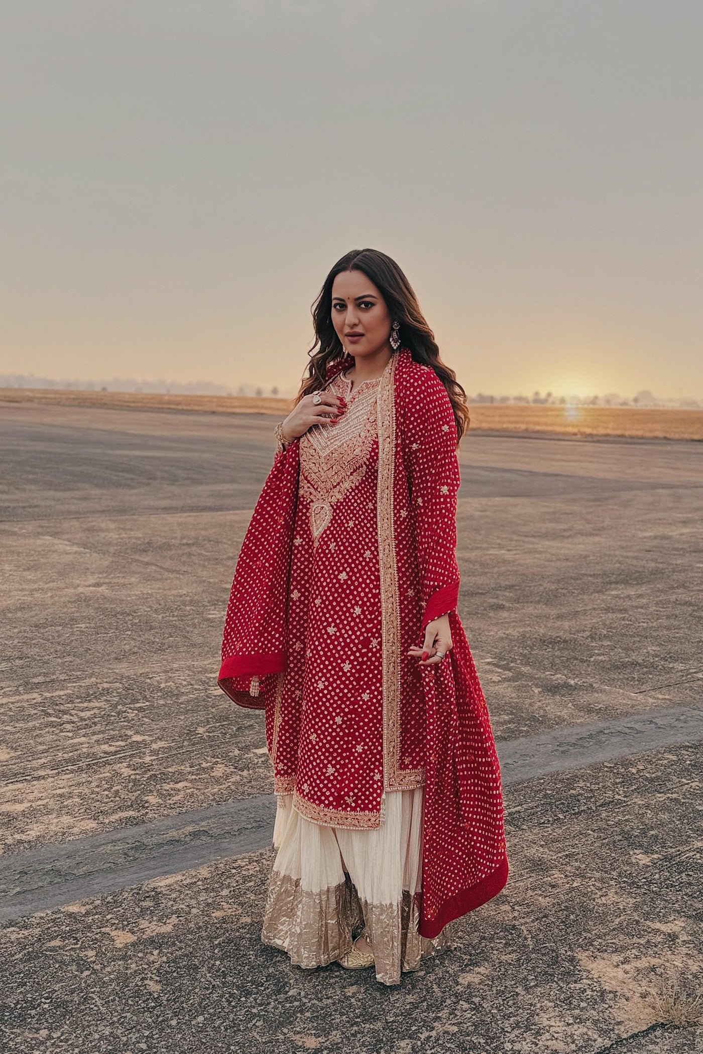 Red Bandhani Gajji Silk Heavy Yoke Kurta Set