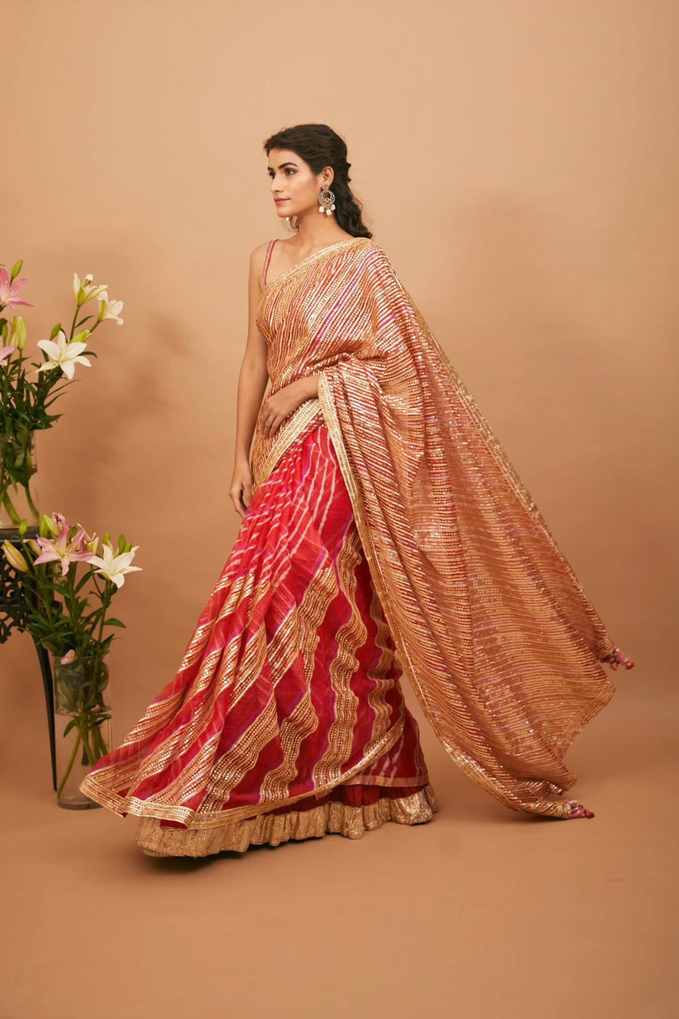 Red leheriya saree set