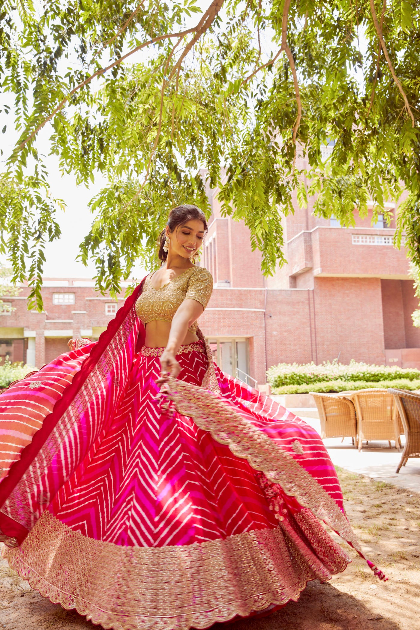 RED-PINK LEHERIYA LEHENGA SET