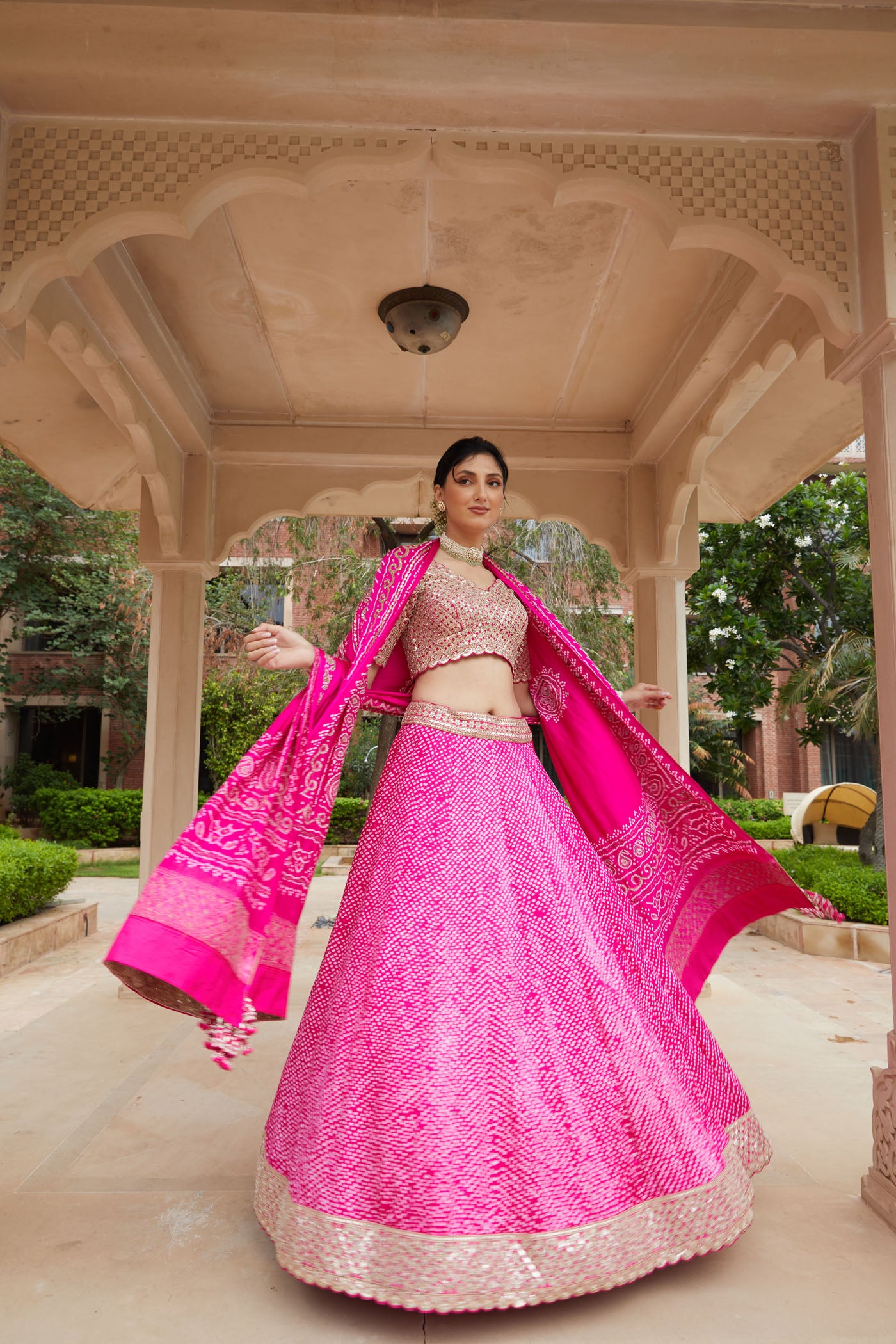 Pink Silk Embroidered Bandhni Lehenga Set