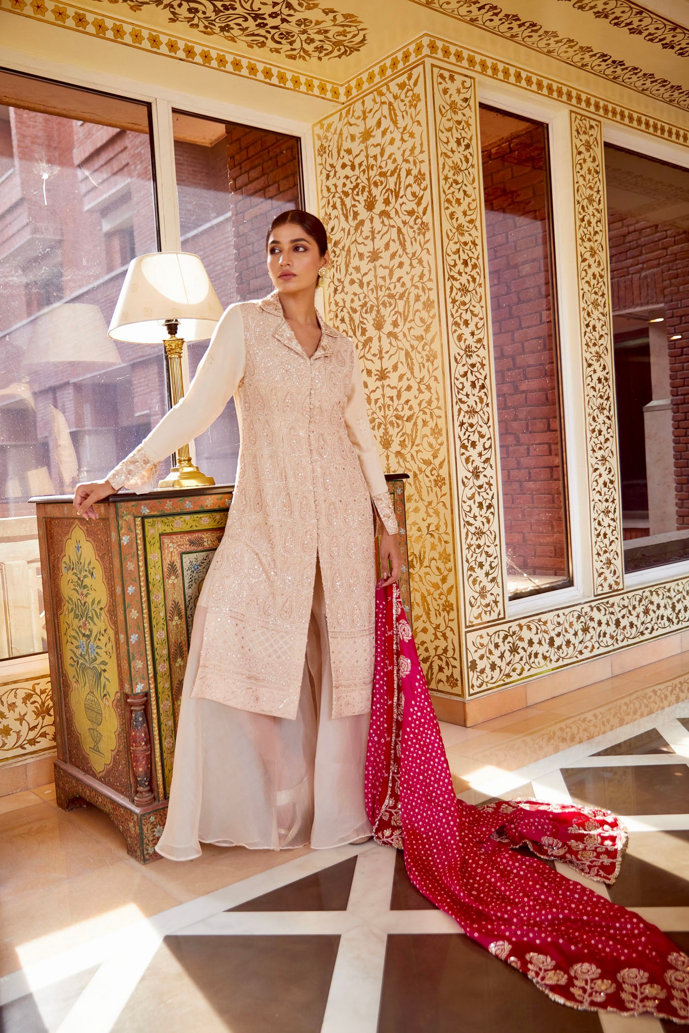 Ivory Chikankari Kurta Set With Red Bandhani Dupatta