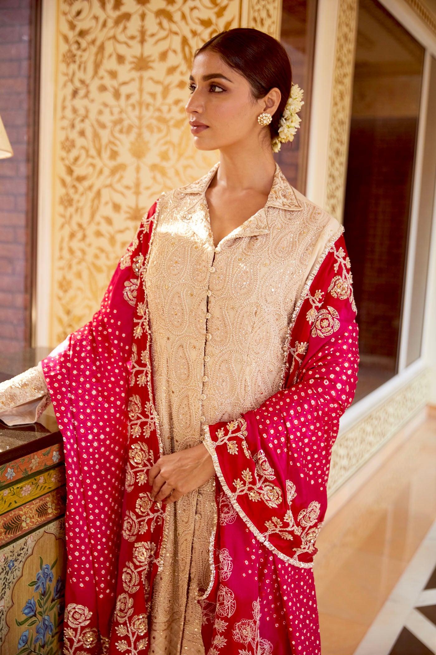 Ivory Chikankari Kurta Set With Red Bandhani Dupatta